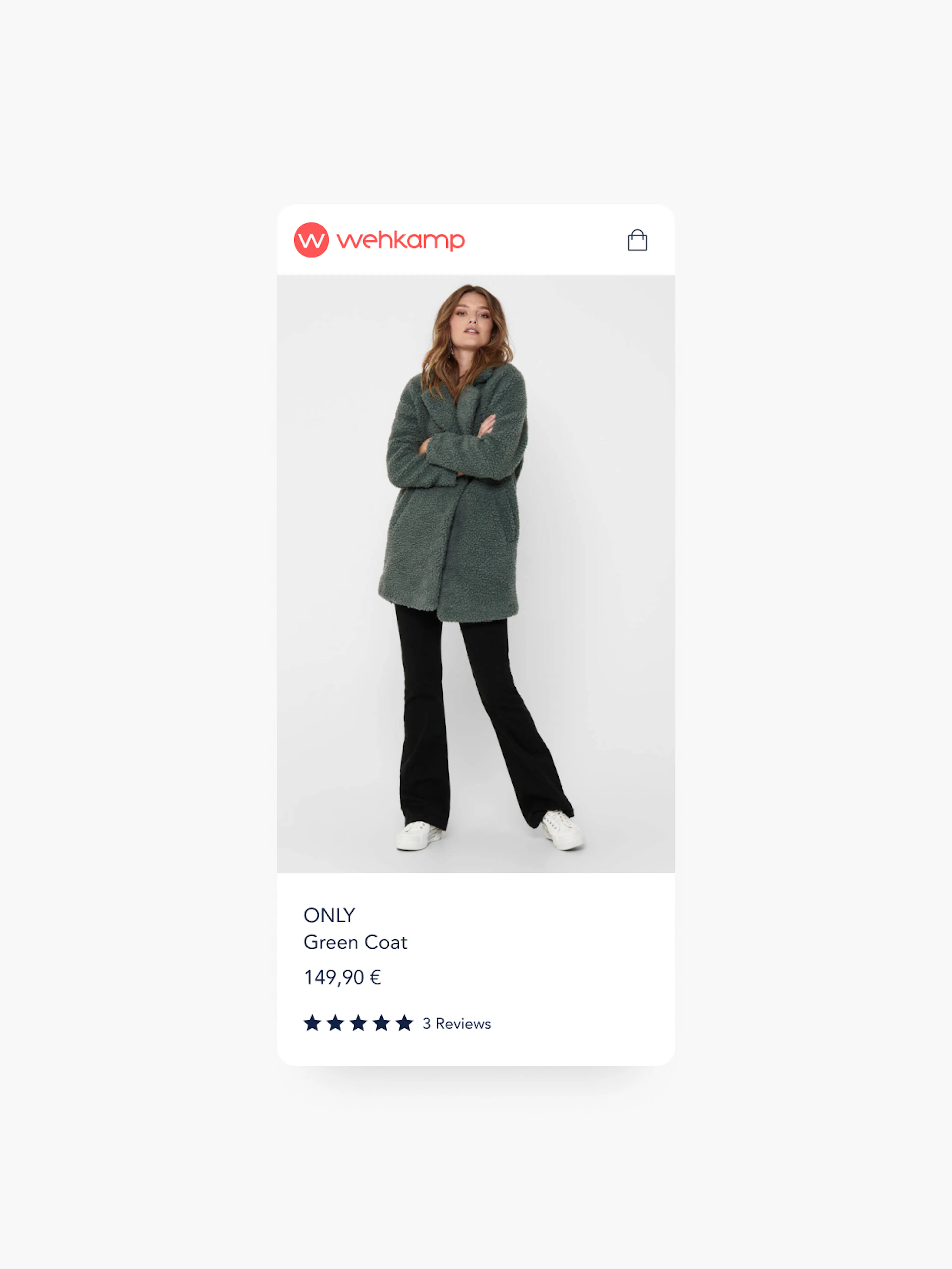 Wehkamp – Brand Design, E-Commerce, Experience Design "Ecommerce reimagined": Screenshot showing a model wearing a green coat on the Wehkamp online store x HY.AM Studios