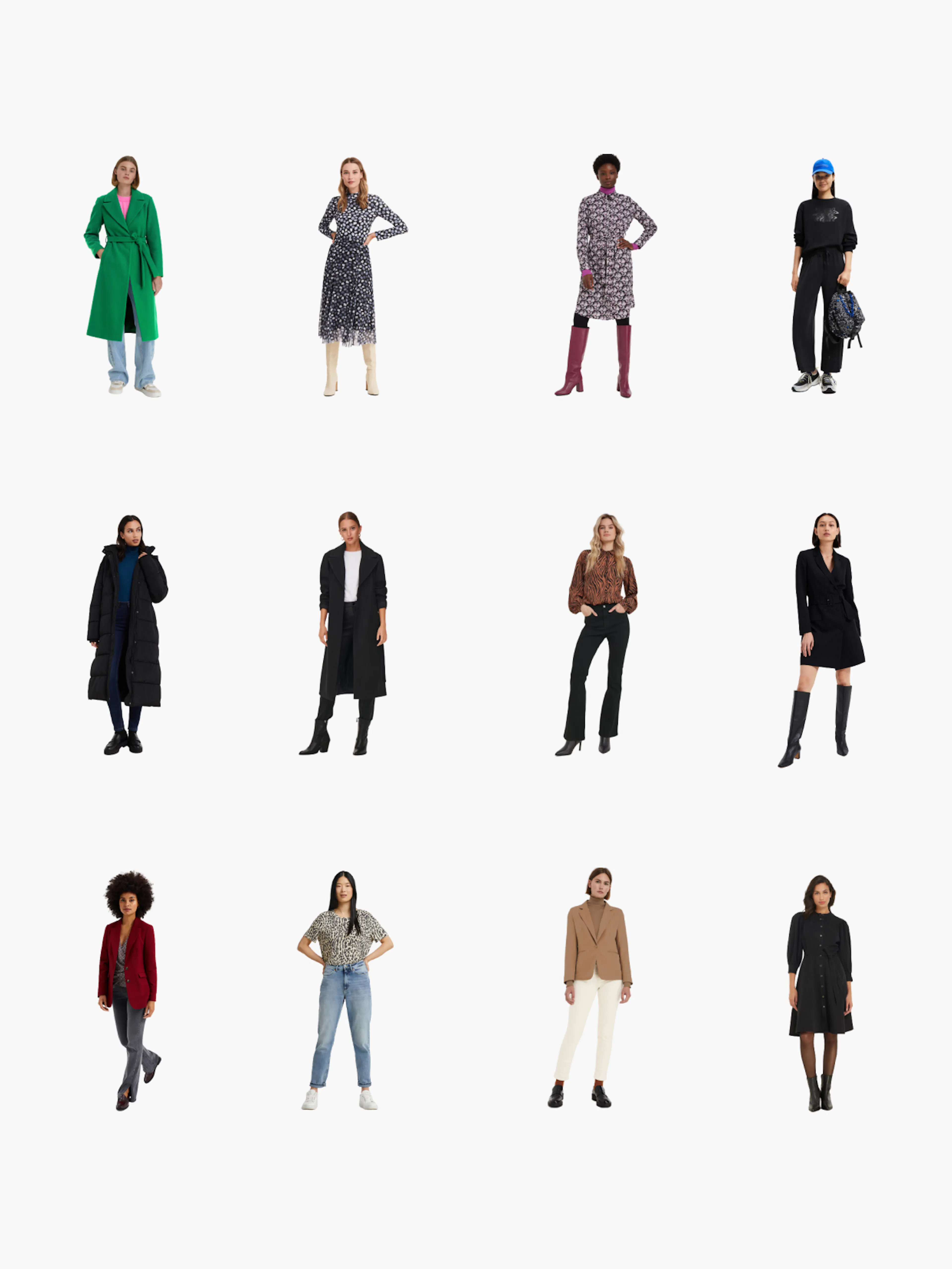 Wehkamp – Brand Design, E-Commerce, Experience Design "Ecommerce reimagined": Screenshot showing a grid of 12 fashion product photos on a white background x HY.AM Studios