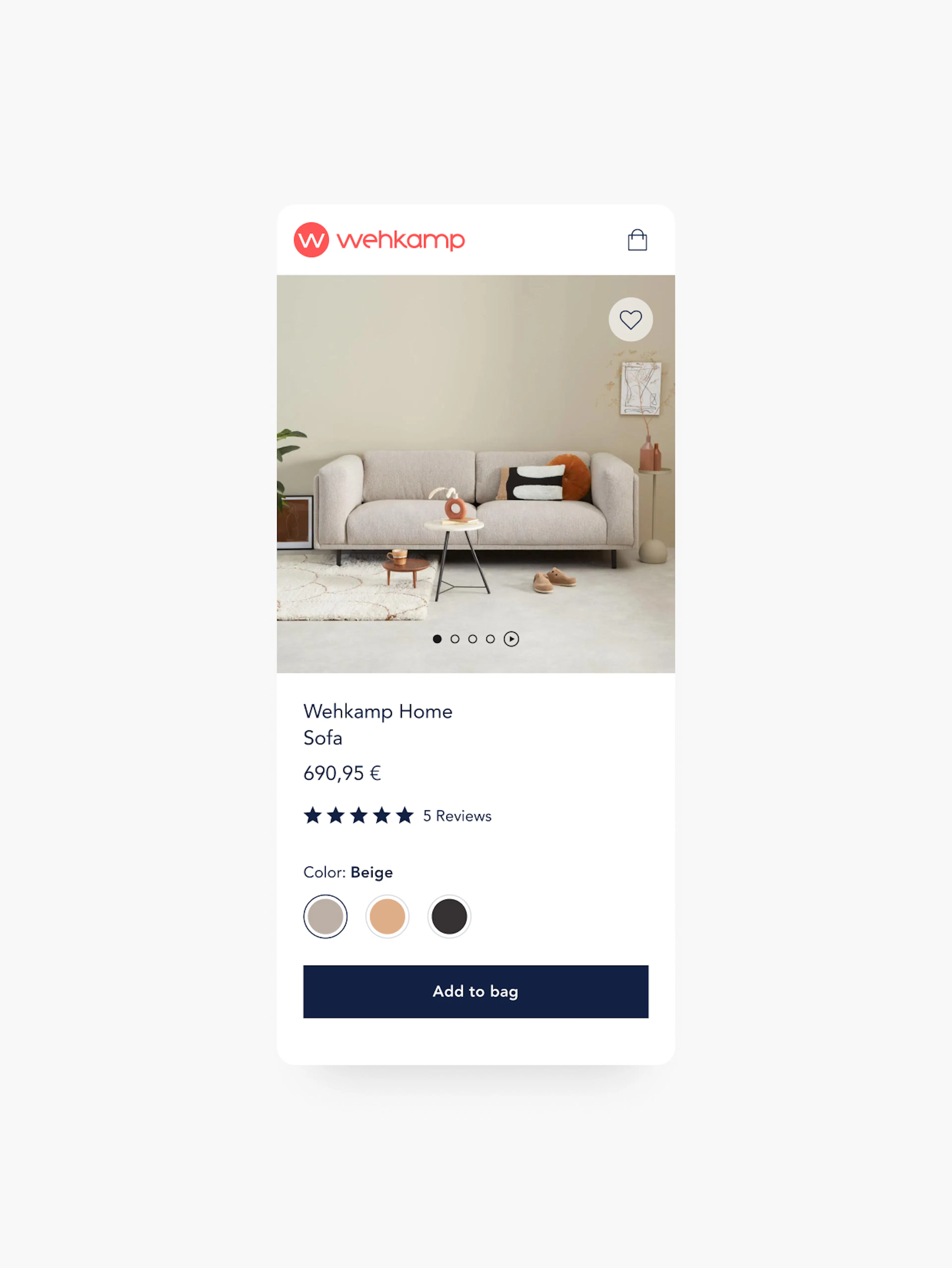 Wehkamp – Brand Design, E-Commerce, Experience Design "Ecommerce reimagined": Screenshot showing a mobile view of the Wehkamp online store product page for a beige sofa x HY.AM Studios