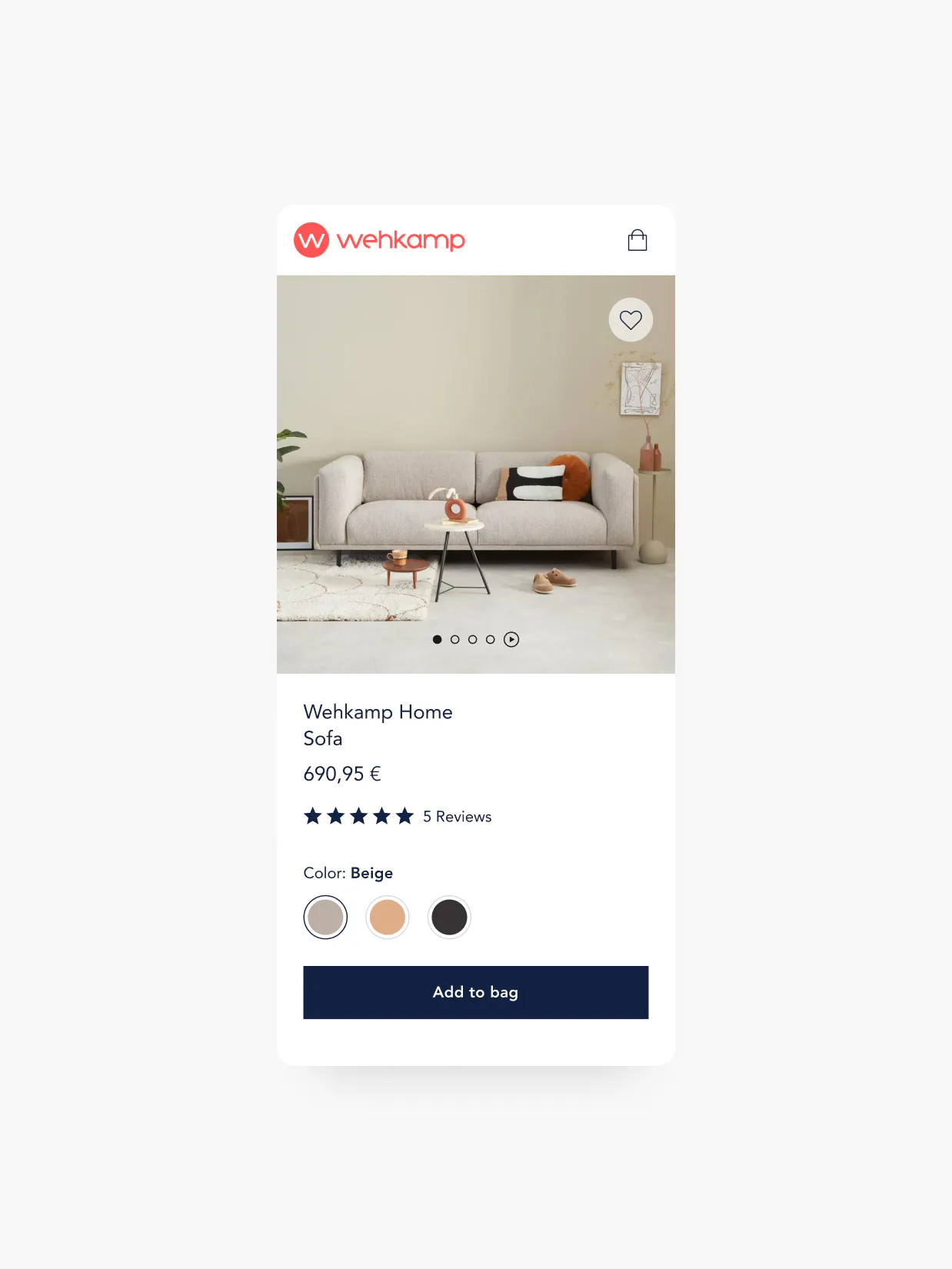 Wehkamp – Brand Design, E-Commerce, Experience Design "Ecommerce reimagined": Screenshot showing a mobile view of the Wehkamp online store product page for a beige sofa x HY.AM Studios