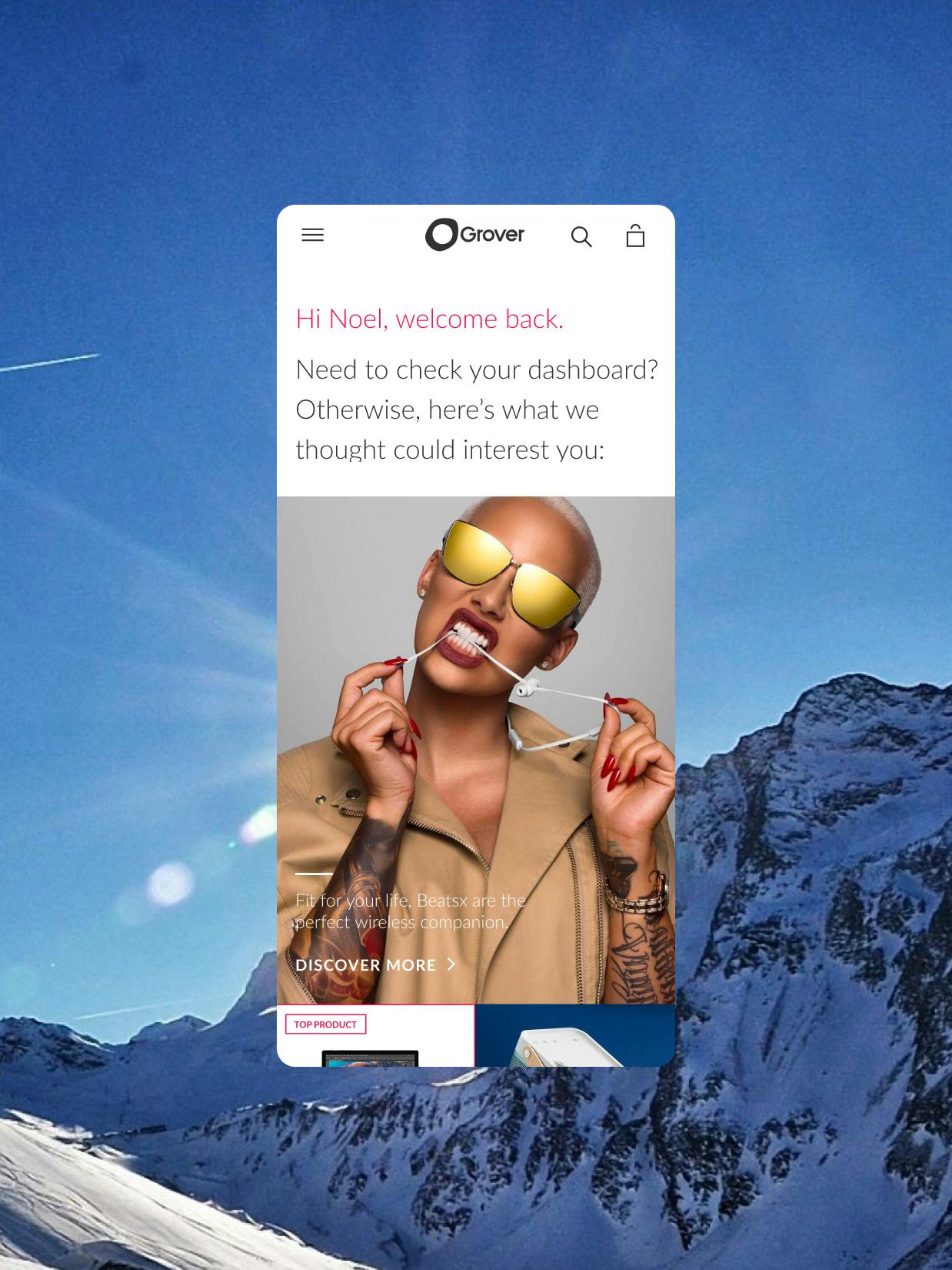 Grover – Brand Design, E-Commerce, Experience Design "Why buy when you can rent it": Screenshot showing a mobile website interface with a woman wearing sunglasses and holding earbuds x HY.AM Studios