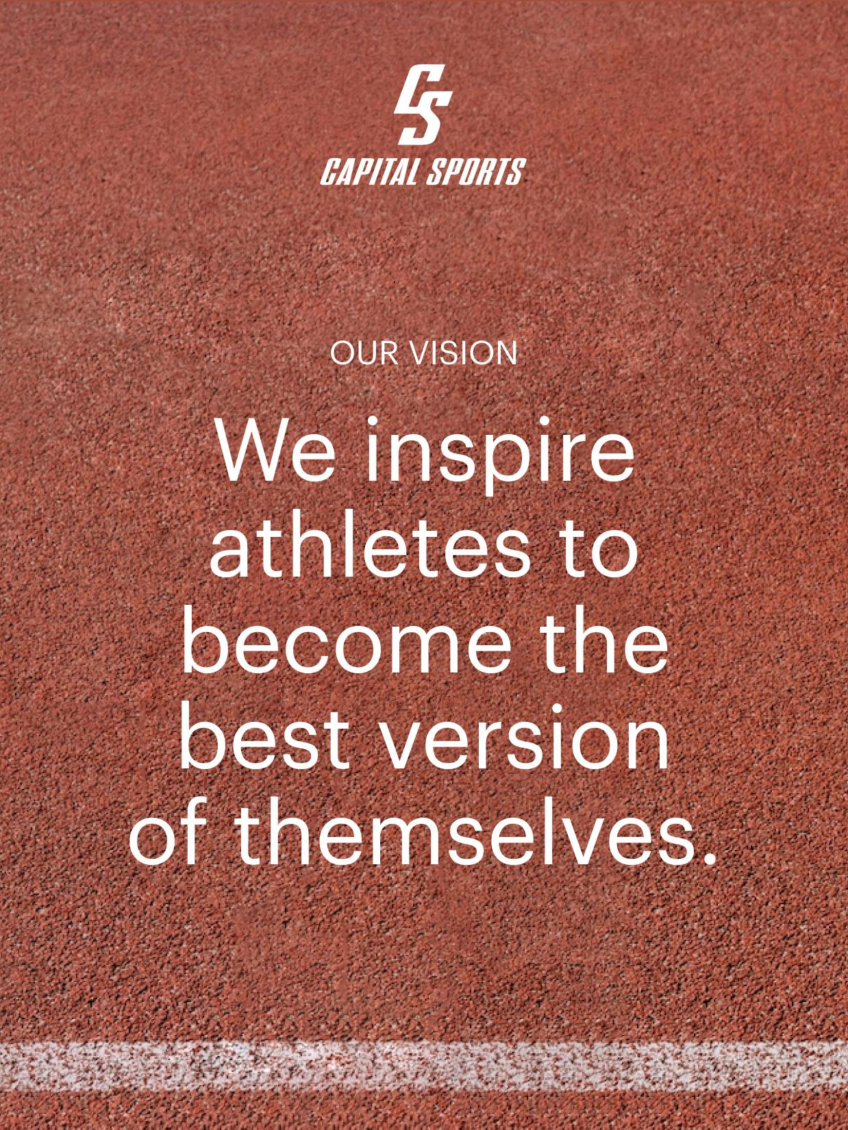 Berlin Brands Group – Brand Design "Berlin Brands Group": Mockup showing the Capital Sports logo and the vision statement "We inspire athletes to become the best version of themselves" on a running track background x HY.AM Studios