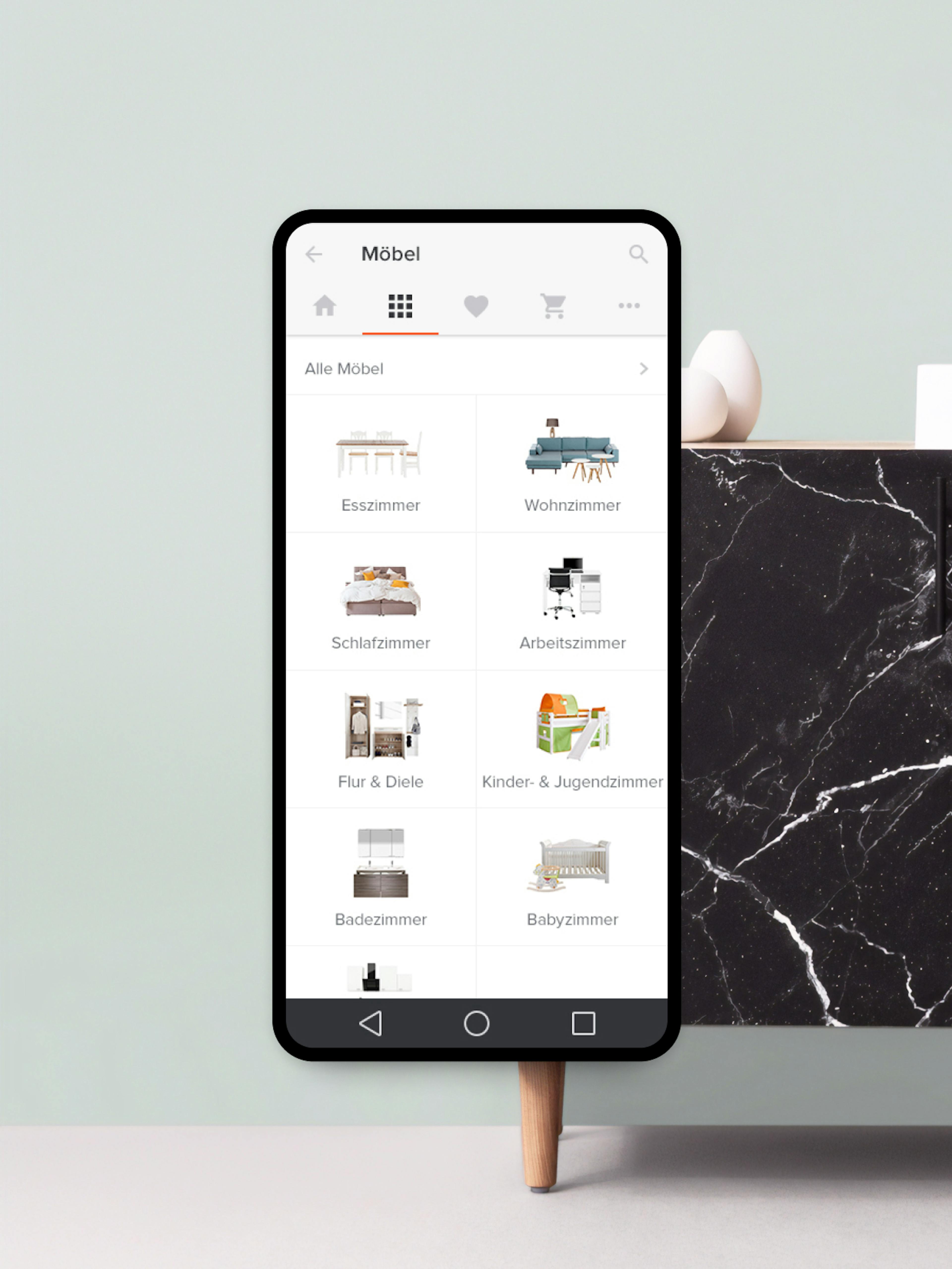 Home24 – Brand Design, E-Commerce, Experience Design "Europe's online store for furniture": Screenshot showing a mobile app interface with furniture categories like "Esszimmer" (Dining Room) and "Wohnzimmer" (Living Room) x HY.AM Studios