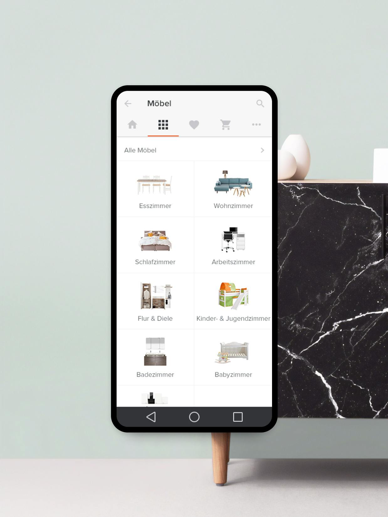 Home24 – Brand Design, E-Commerce, Experience Design "Europe's online store for furniture": Screenshot showing a mobile app interface with furniture categories like "Esszimmer" (Dining Room) and "Wohnzimmer" (Living Room) x HY.AM Studios