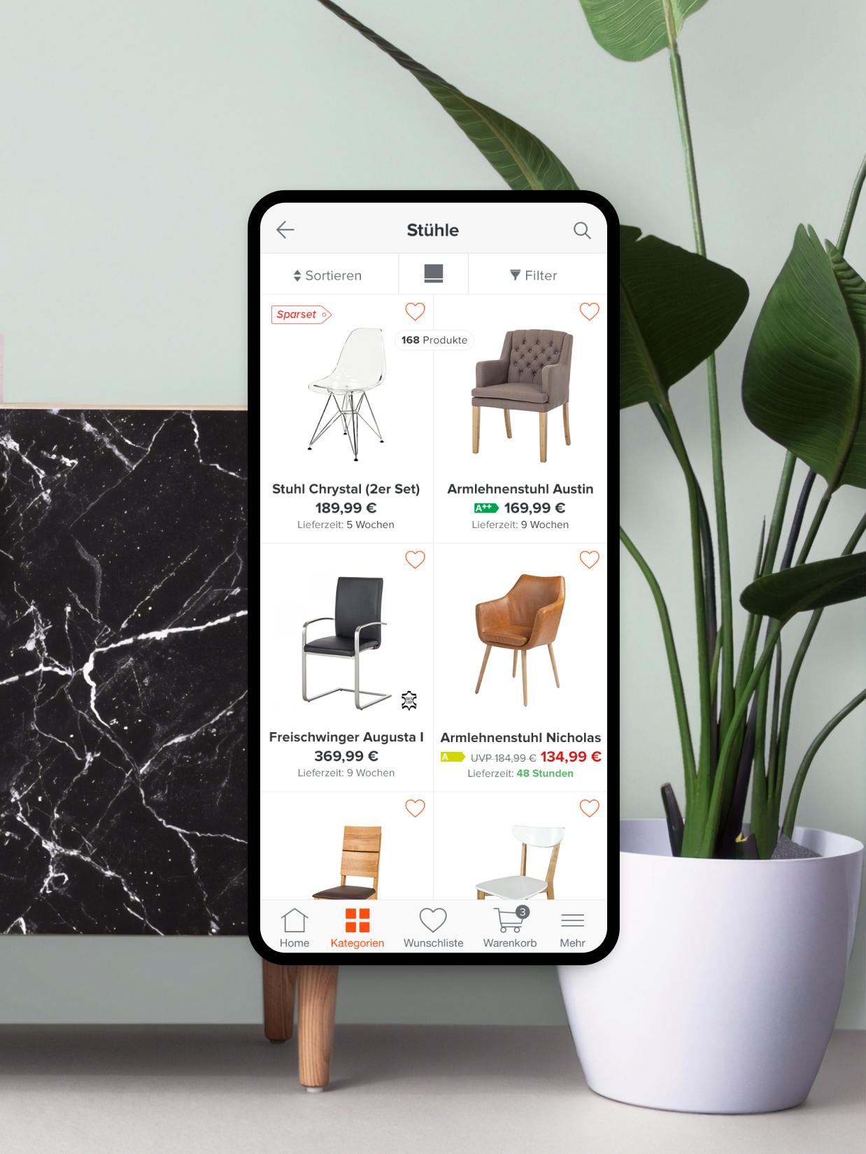 Home24 – Brand Design, E-Commerce, Experience Design "Europe's online store for furniture": Screenshot showing a mobile e-commerce interface displaying various chairs for sale x HY.AM Studios