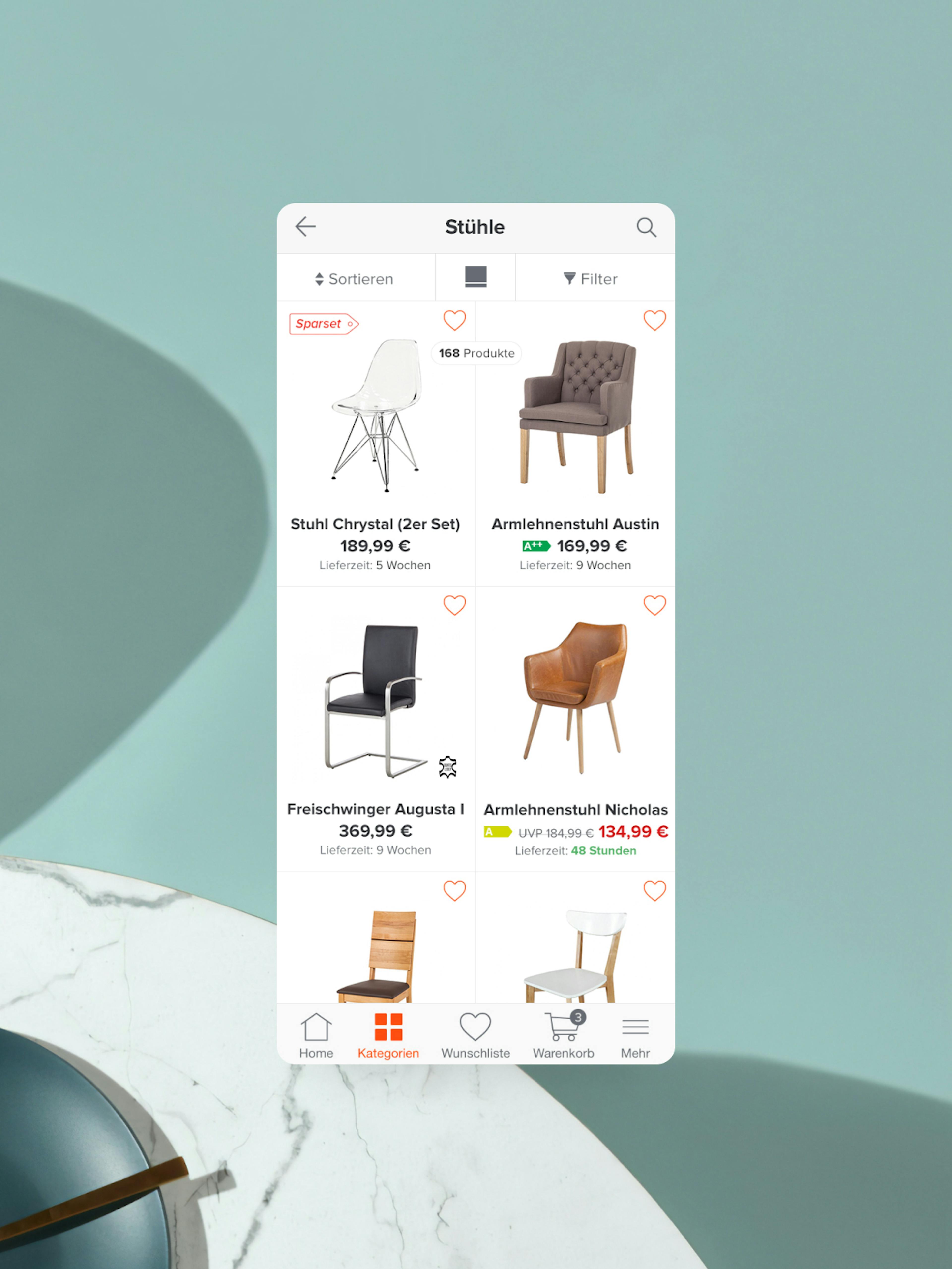 Home24 – Brand Design, E-Commerce, Experience Design "Europe's online store for furniture": Screenshot showing a mobile app interface displaying various chairs for sale x HY.AM Studios