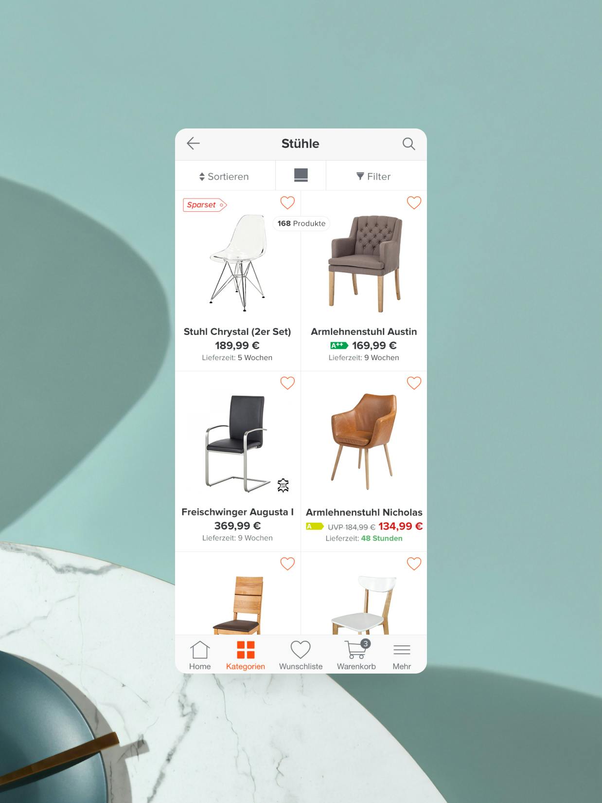 Home24 – Brand Design, E-Commerce, Experience Design "Europe's online store for furniture": Screenshot showing a mobile app interface displaying various chairs for sale x HY.AM Studios