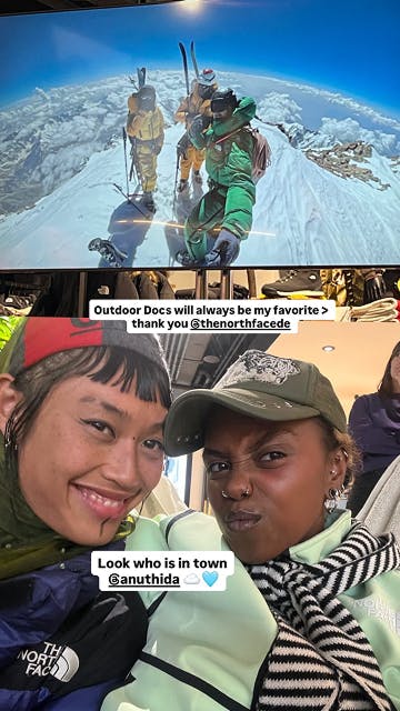 The North Face – Brand Activation "Summit Series Brand Activation": Photo showing two people smiling, with a large screen in the background displaying mountaineers on a snowy peak x HY.AM Studios