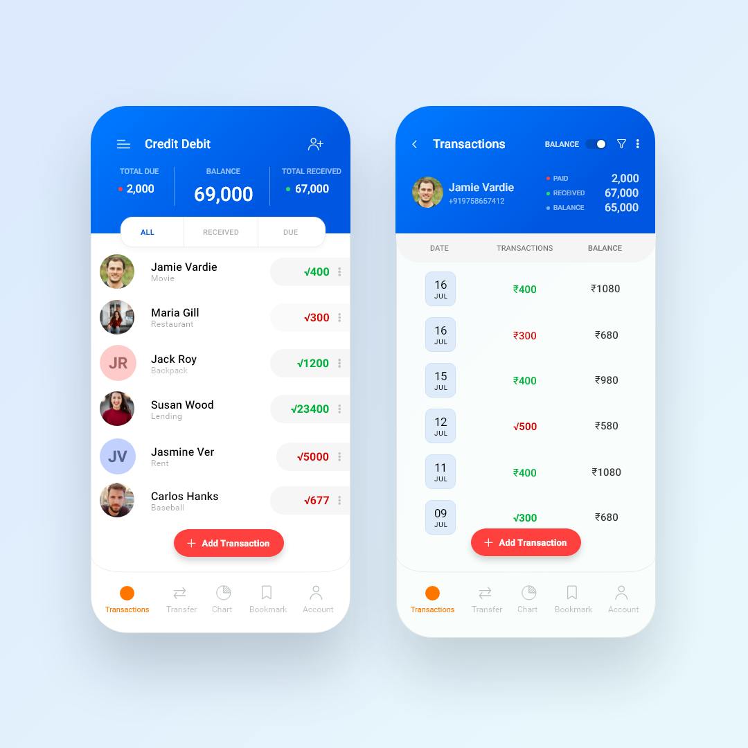 Mobile app design for a khatabook credit debit app