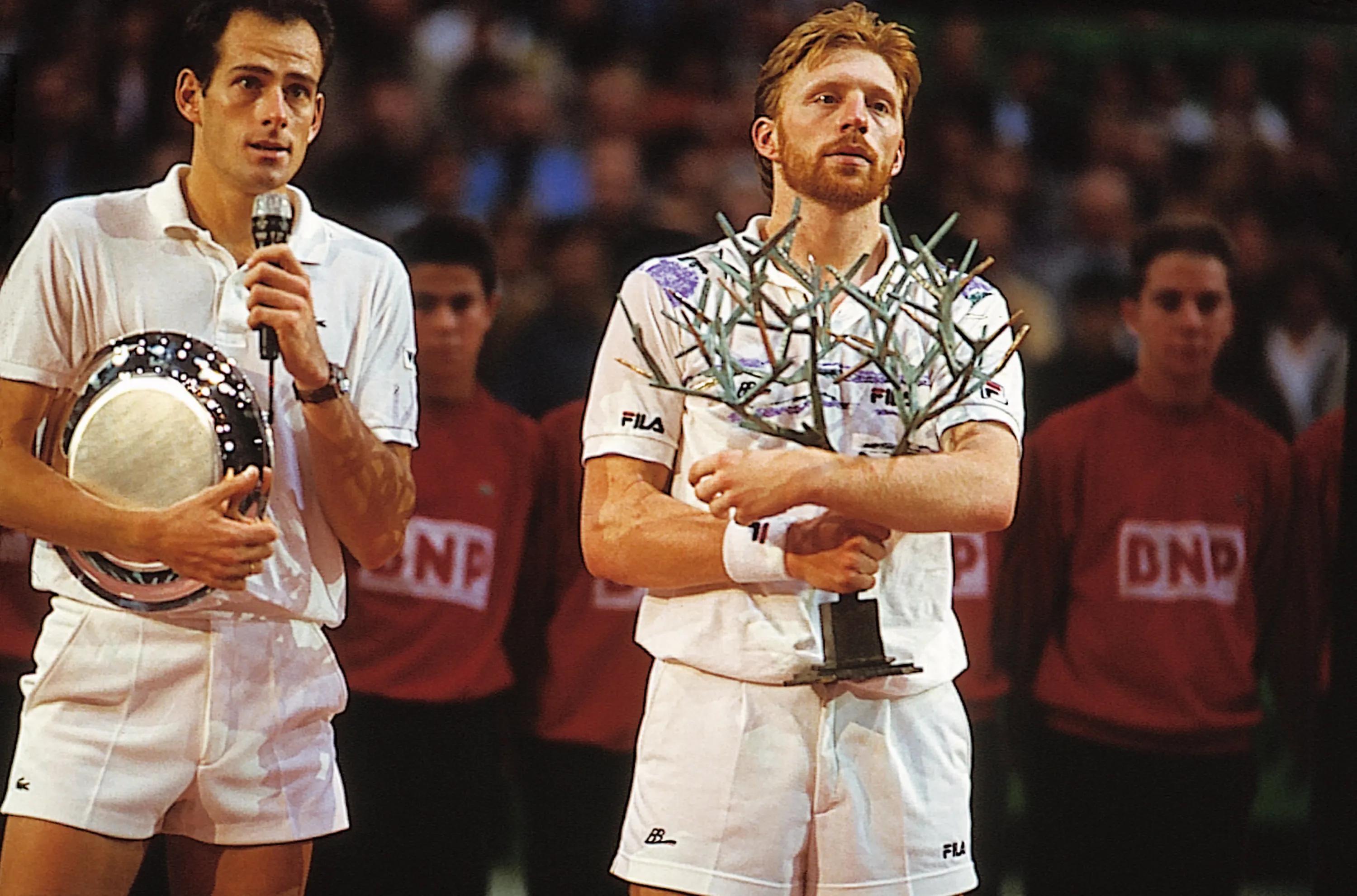 Guy Forget & Boris Becker / Photocall trophées - Rolex Paris Masters 1992
