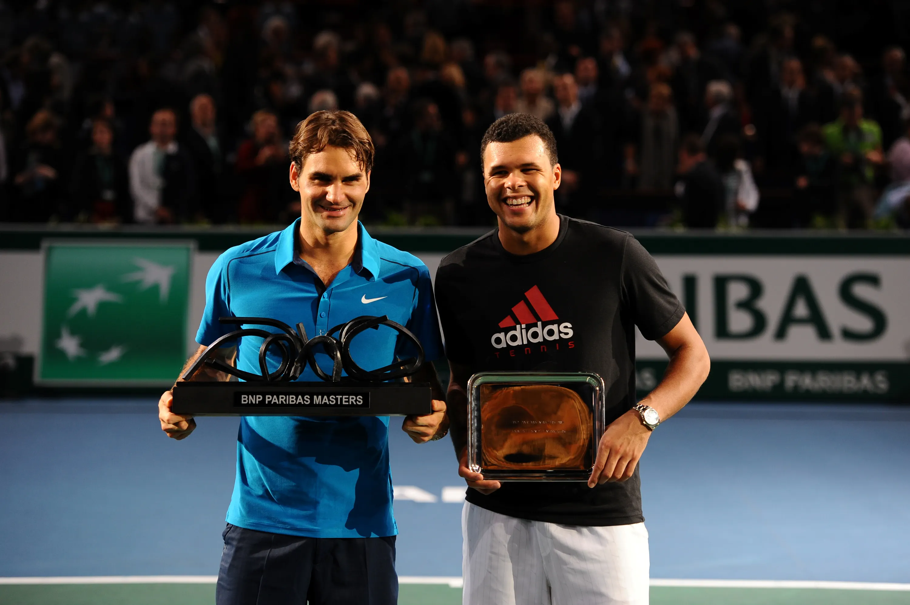 Roger Federer & Jo-Wilfried Tsonga / Photocall trophées - Rolex Paris Masters 2011