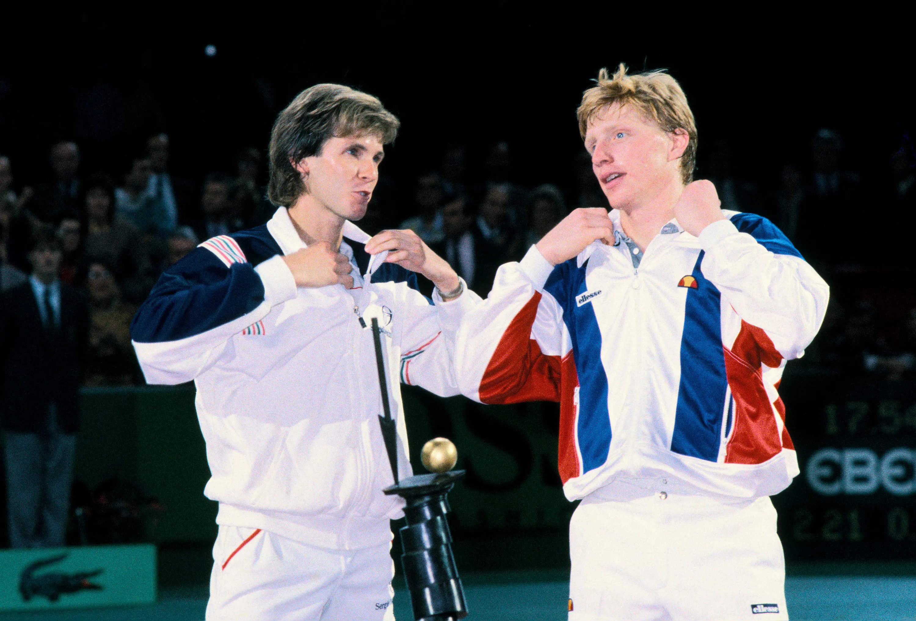 Sergio Casal & Boris Becker / Photocall trophées - Rolex Paris Masters 1986