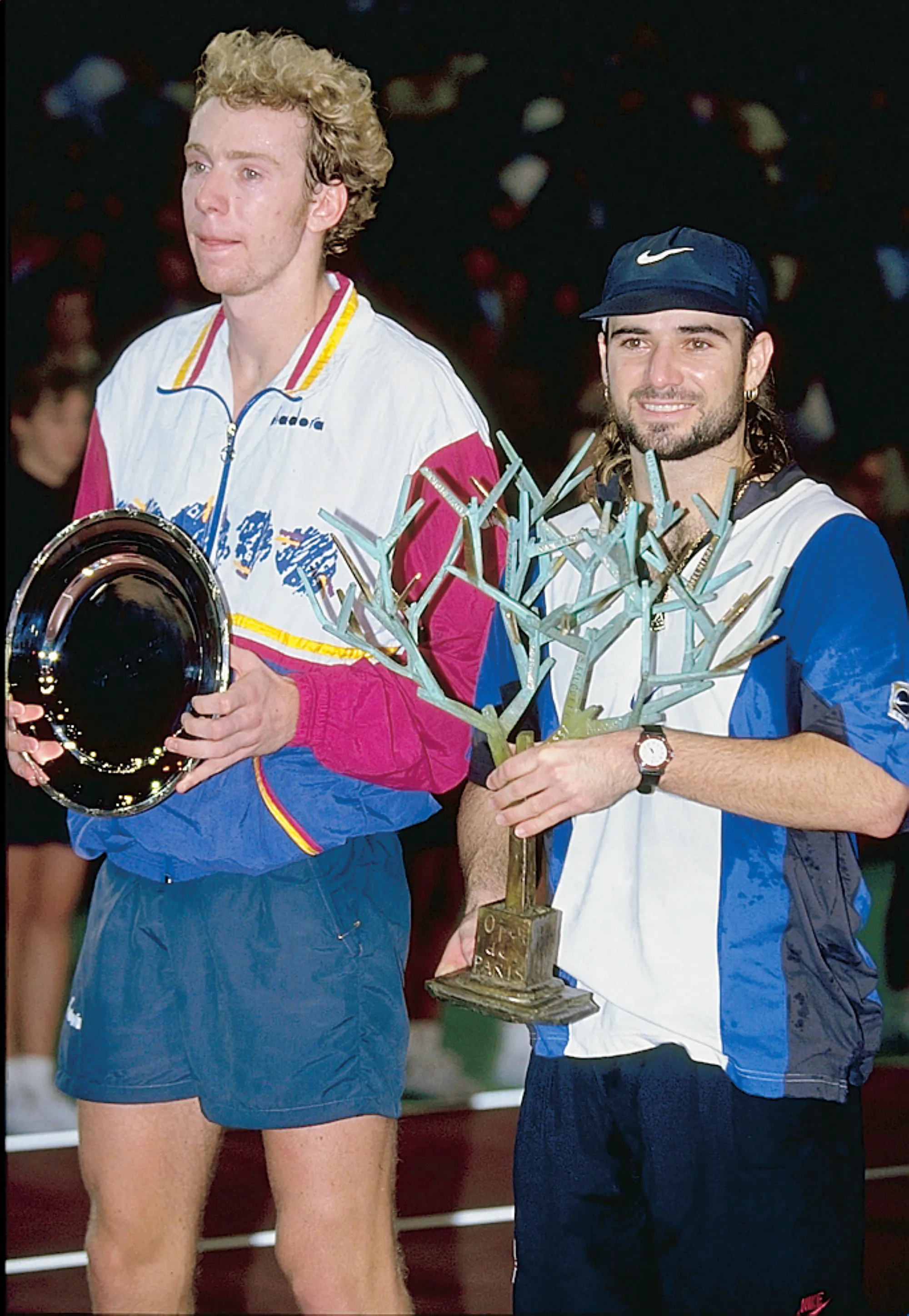 Marc Rosset & Andre Agassi / Photocall trophées - Rolex Paris Masters 1994