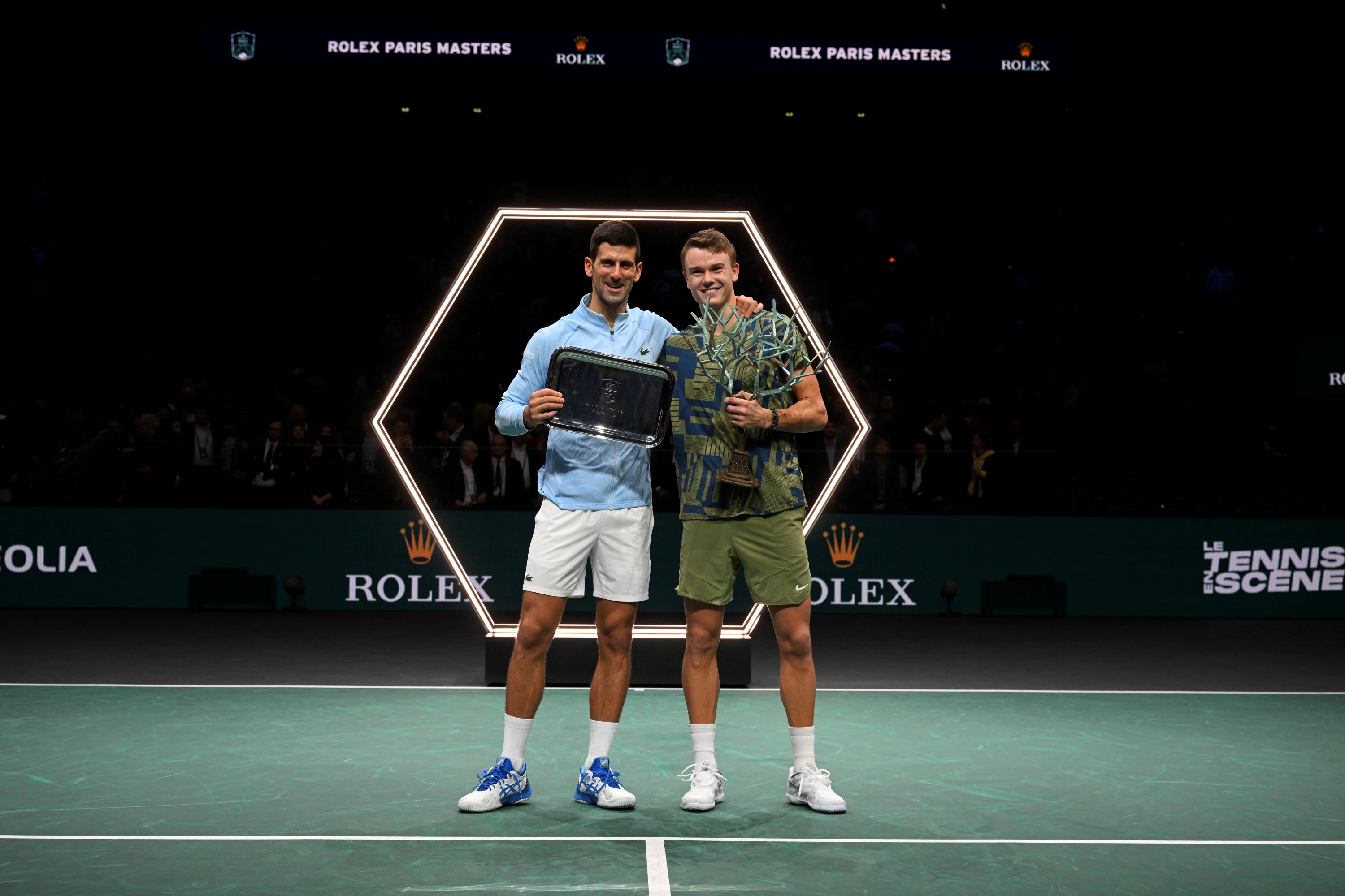 Novak Djokovic & Holger Rune / Photocall trophées - Rolex Paris Masters 2022