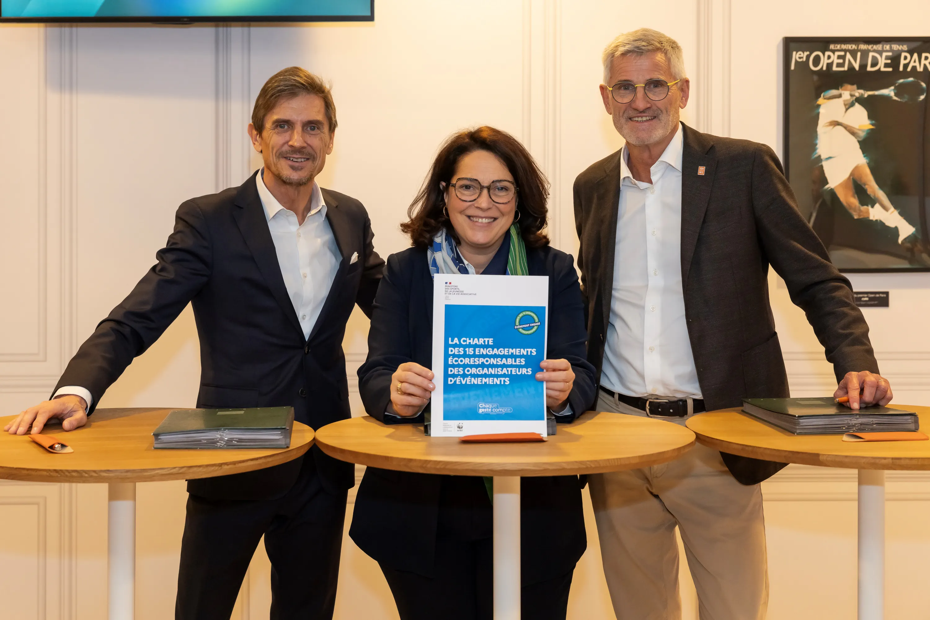Frédéric Longuépée, Marina Ferrari et Gilles Moretton / Signature charte des 15 engagements ecoresponsables / Rolex Paris Masters 2025