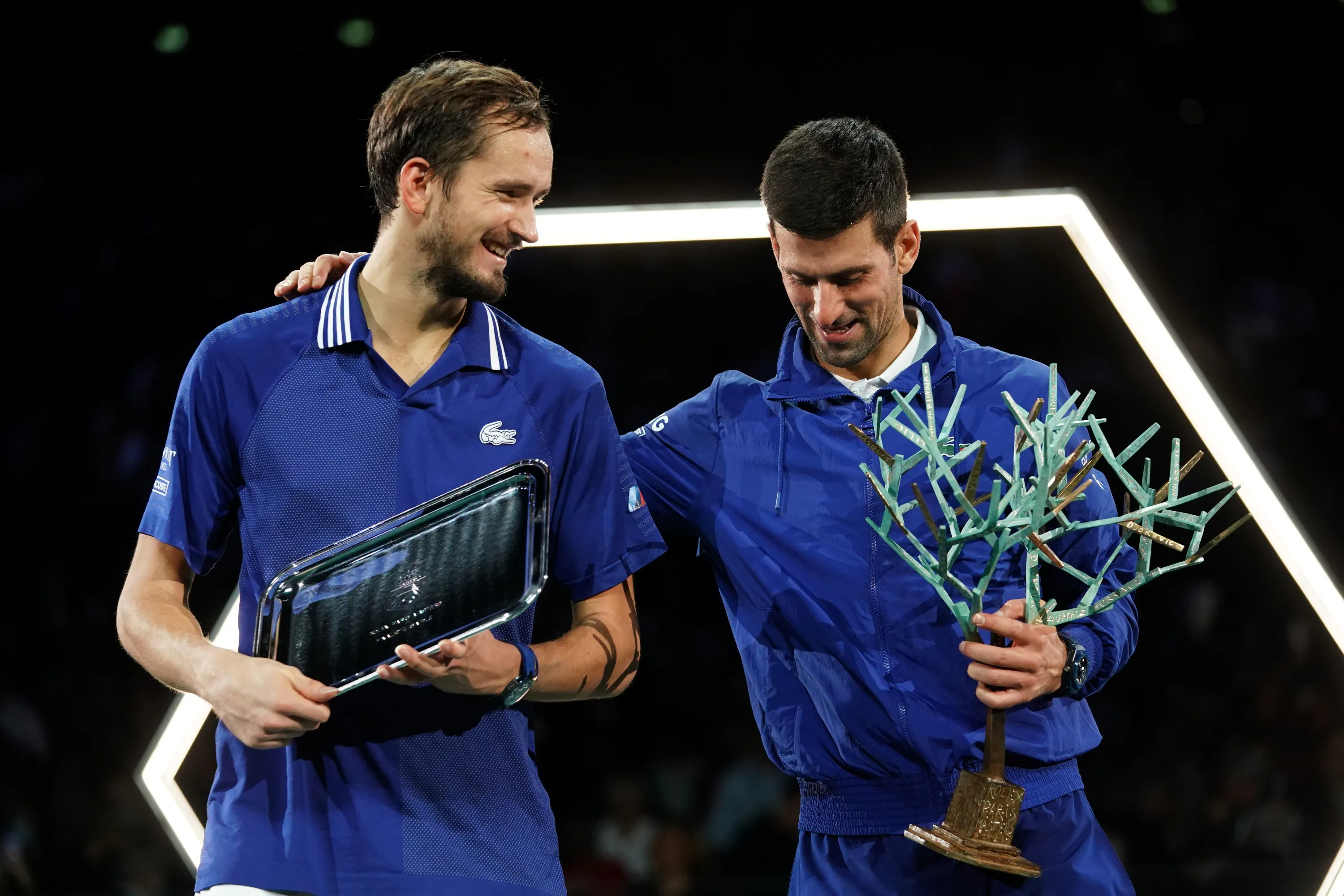 Daniil Medvedev & Novak Djokovic / Photocall trophées - Rolex Paris Masters 2021