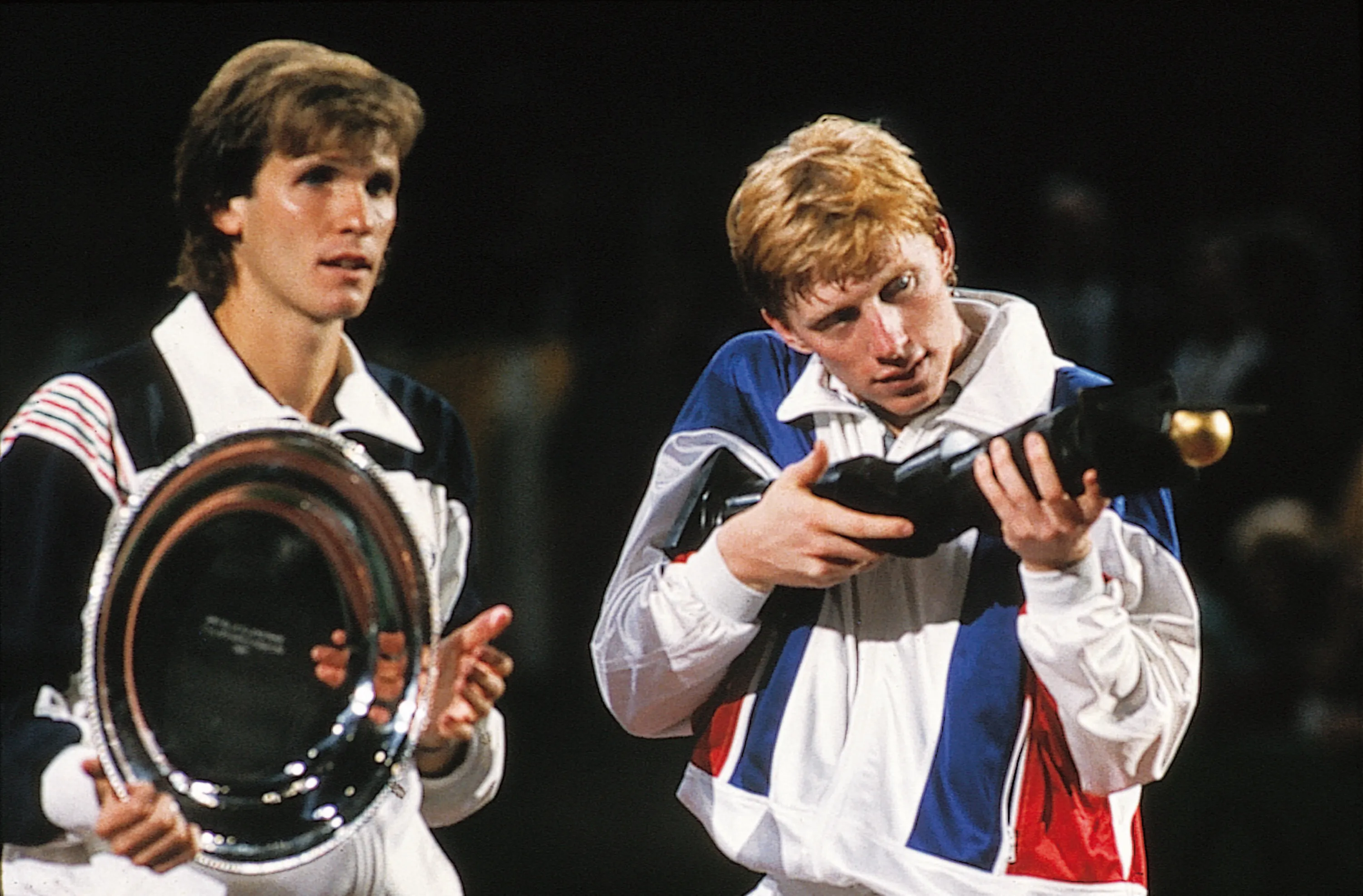 Sergio Casal & Boris Becker / Photocall trophées - Rolex Paris Masters 1986