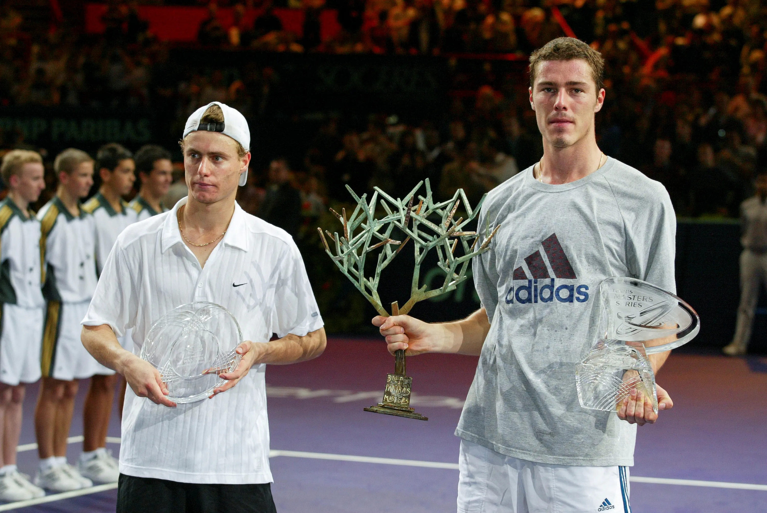 Lleyton Hewitt & Marat Safin / Photocall trophées - Rolex Paris Masters 2002