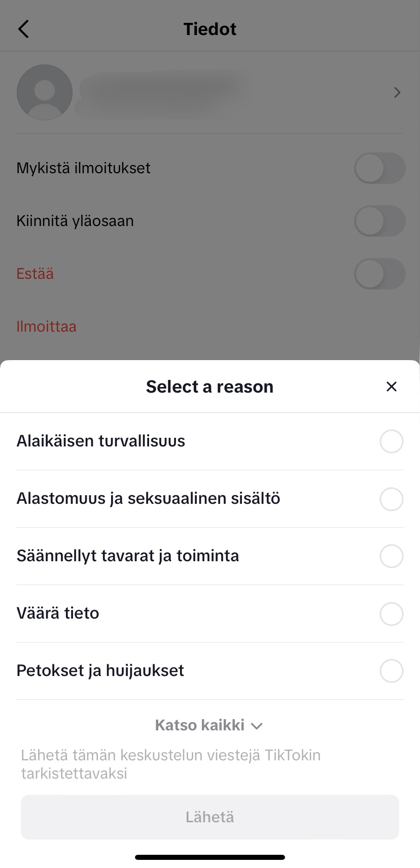 TikTok viestin ilmiantaminen 3