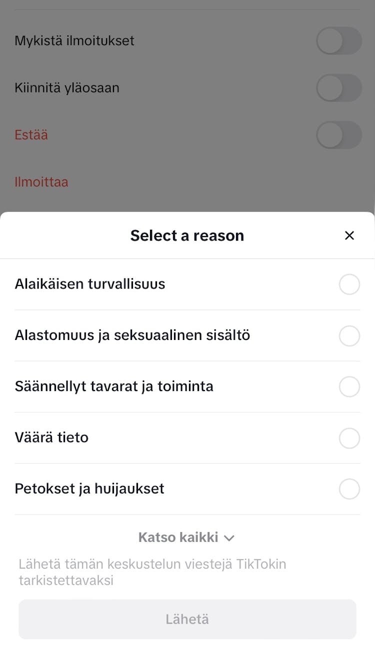 TikTok viestin ilmiantaminen 3