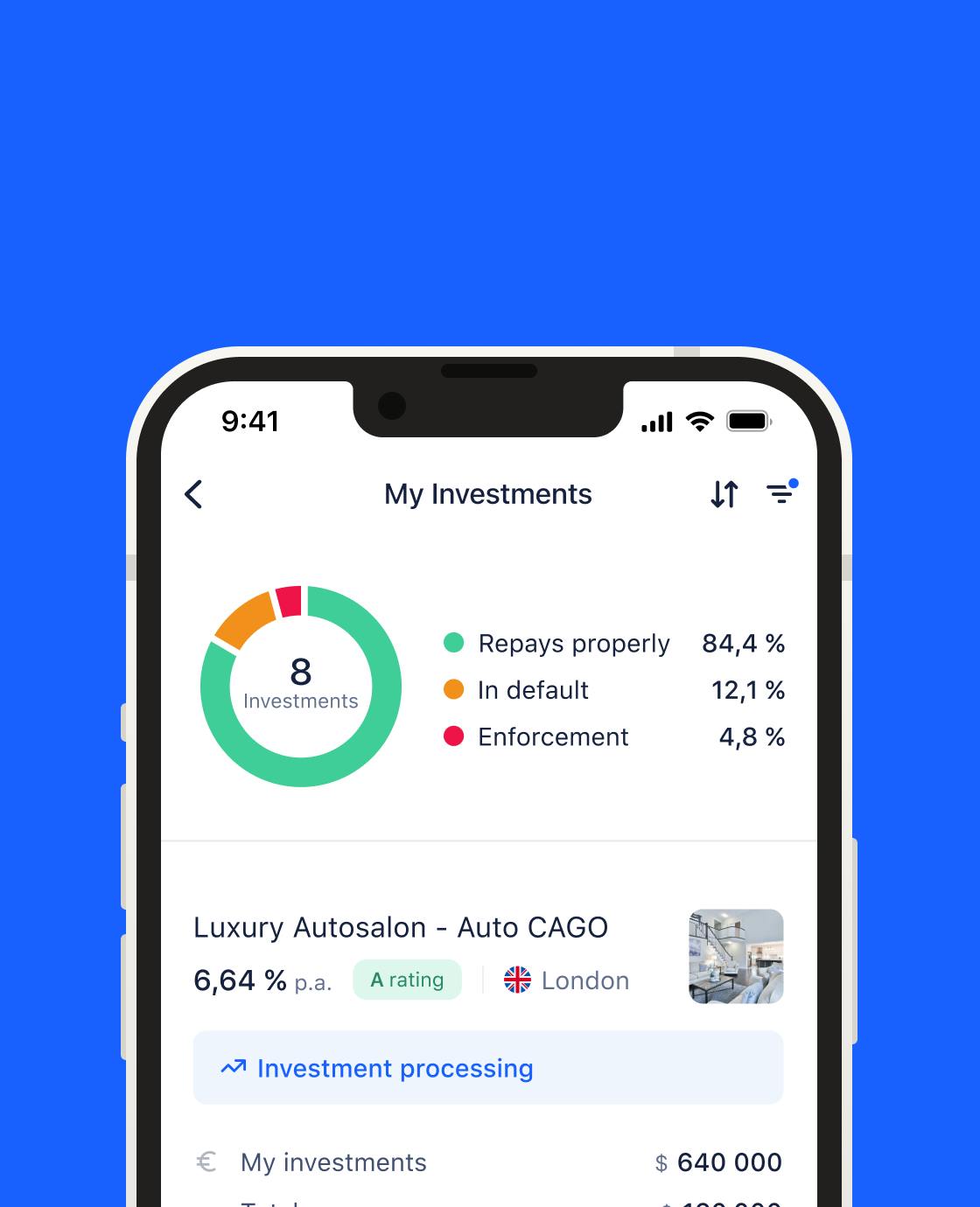 Investown mobile app interface showcasing my investments page.