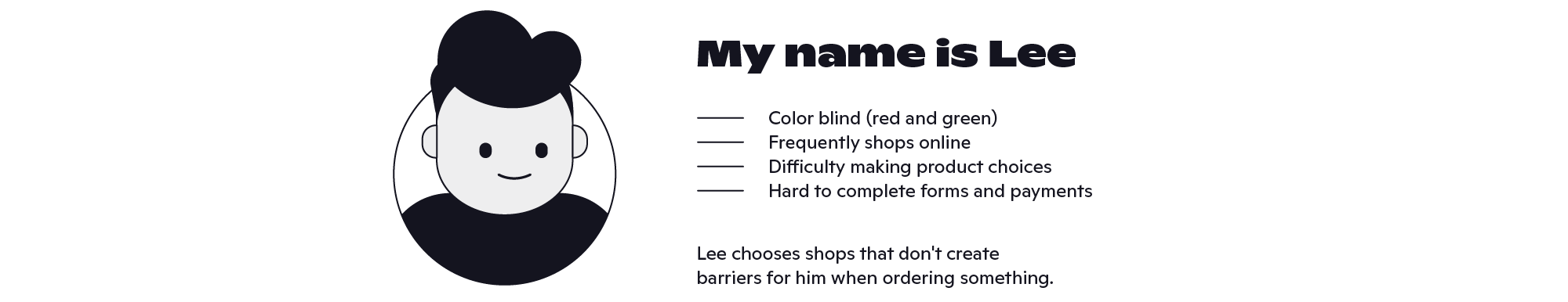 Illustration of a user persona named Lee, who is color blind, frequently shops online, has difficulty making product choices, and struggles with completing forms and payments.