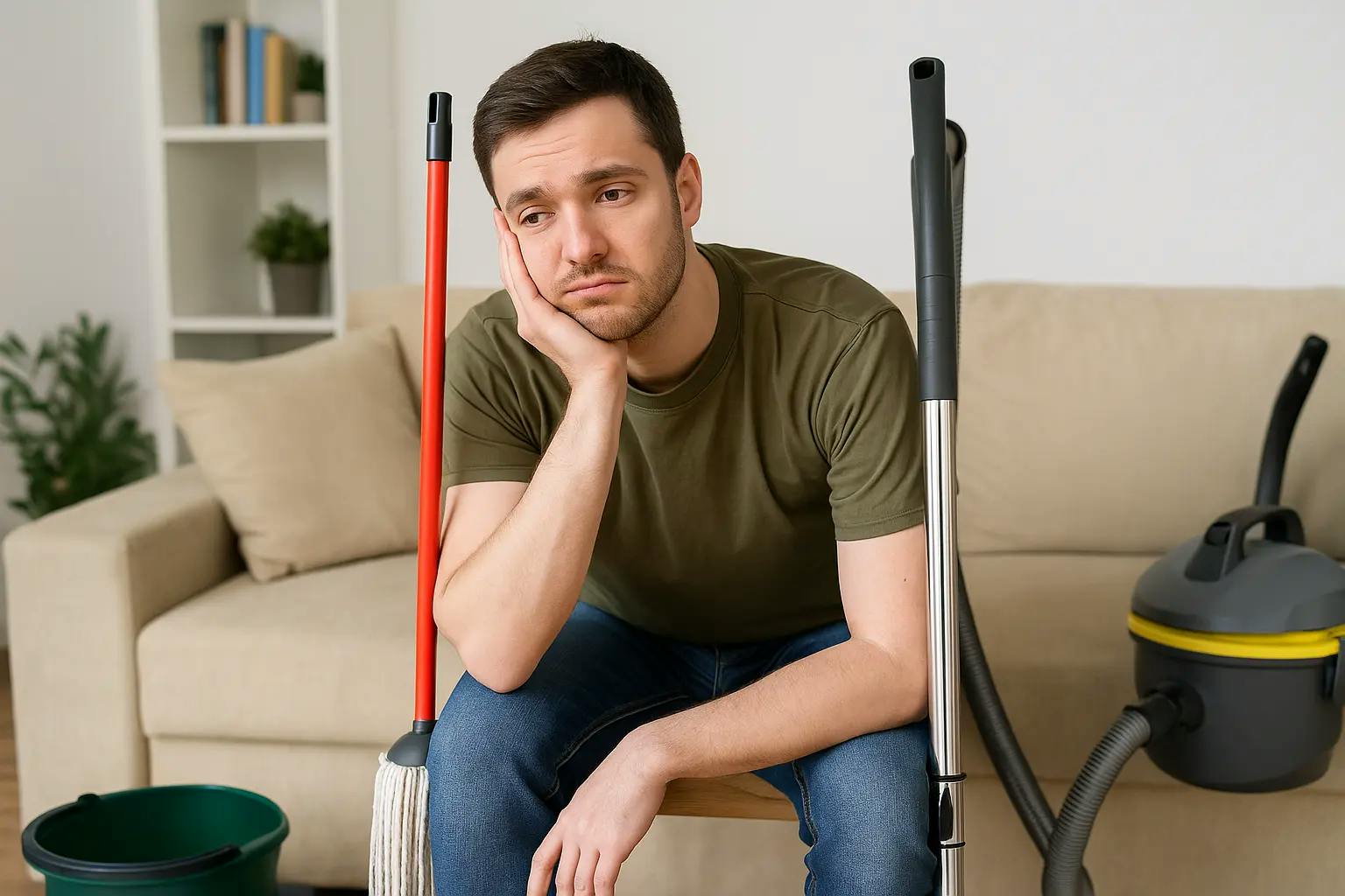 A man sittin on a sofa thinking about house chores which can be boring but Spinly app can help boost motivation to do it.