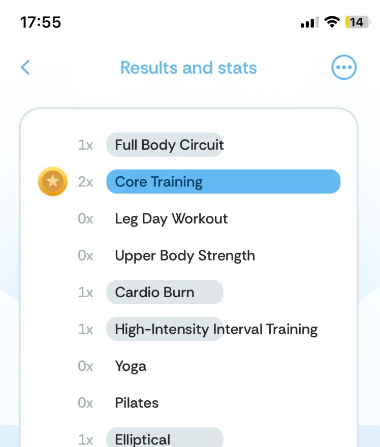 Stat page of a wheel where user can use to help choose exercise for the day.