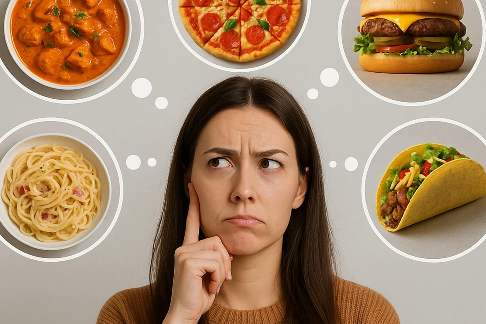 A young indecisive woman with long  hair wearing a brown sweater. Around her head are thought bubbles containing images of various foods: chicken tikka masala, pepperoni pizza, a cheeseburger, spaghetti carbonara, and a taco, symbolising her indecision about what to eat.
