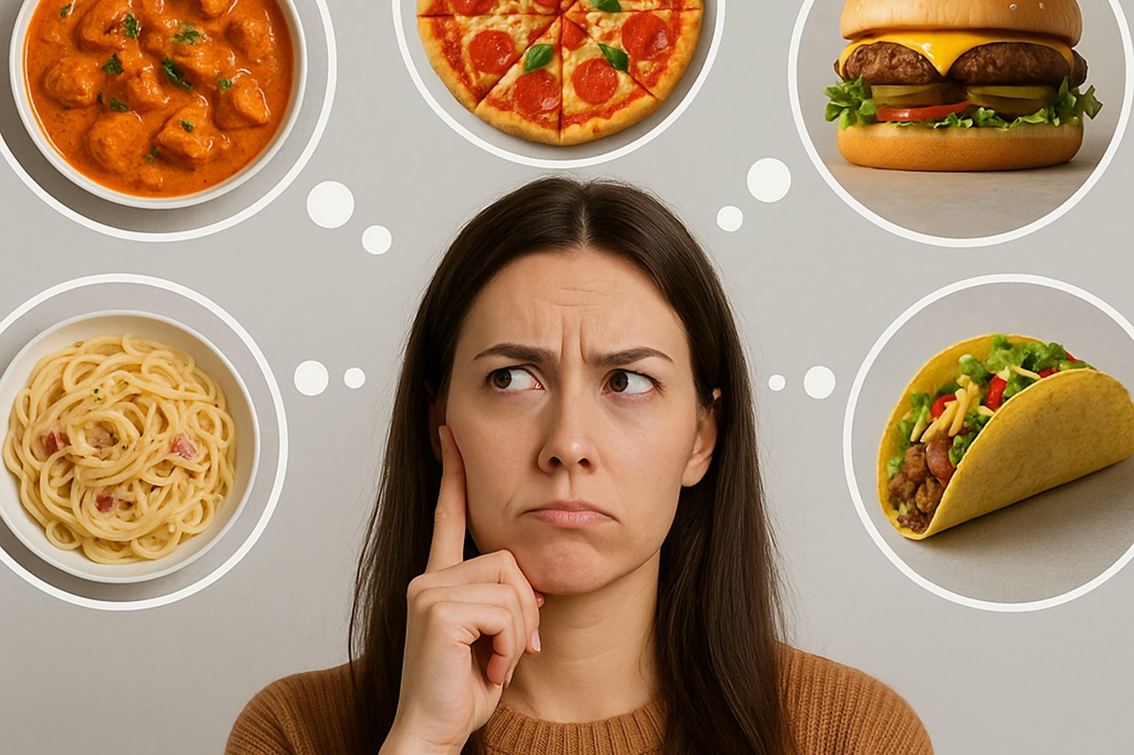 A young indecisive woman with long  hair wearing a brown sweater. Around her head are thought bubbles containing images of various foods: chicken tikka masala, pepperoni pizza, a cheeseburger, spaghetti carbonara, and a taco, symbolising her indecision about what to eat.