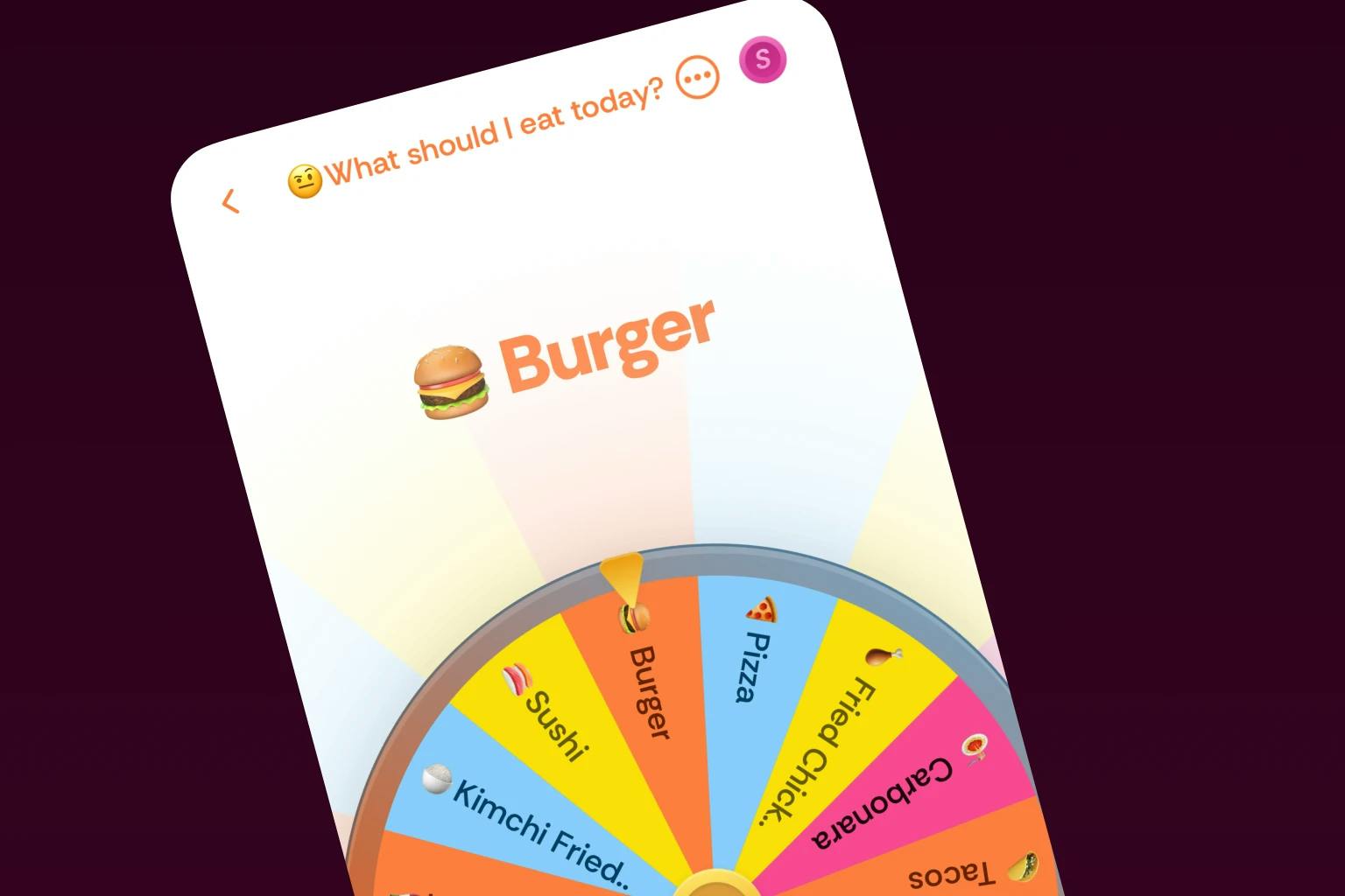 Wheel Spinner app with the title "What should I eat for dinner". The wheel is colorful and includes choices such as burger, pizza, fried chicken, sushi, lasagna and tacos. It's the perfect wheel spinner for those who have decision fatigue and often cannot decide what to have for dinner.