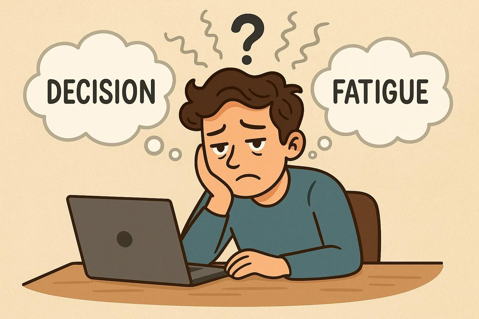 A cartoon sitting on a desk debating on his choices of decisions 