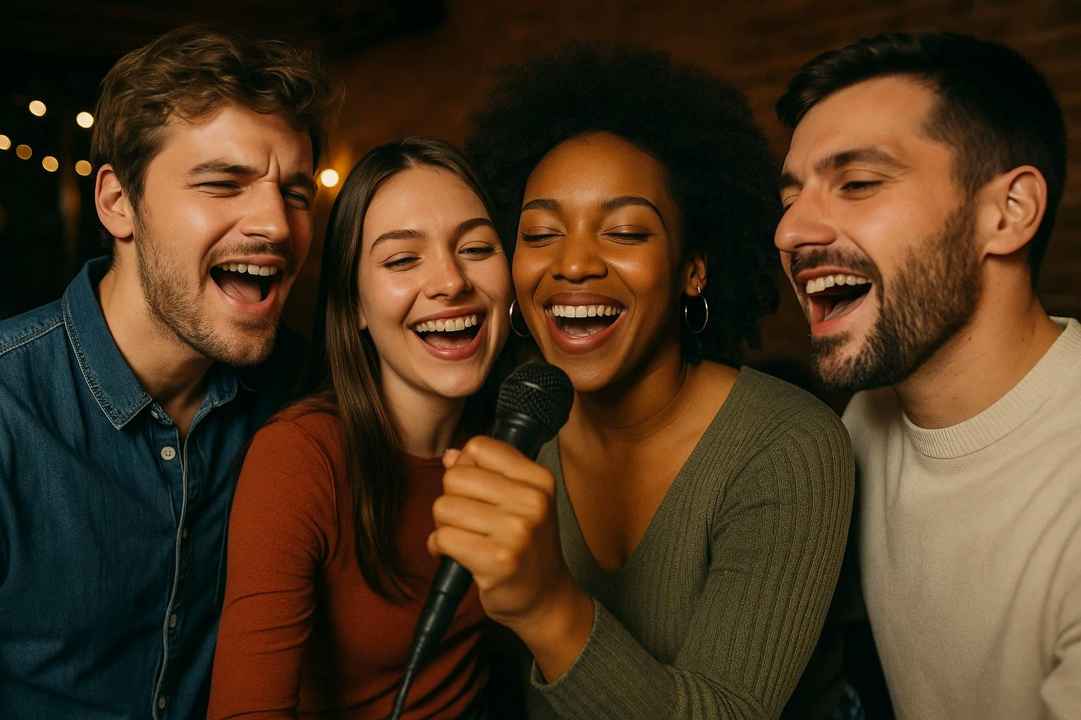 Friends singing karaoke together after using Spinly to randomly choose the song.