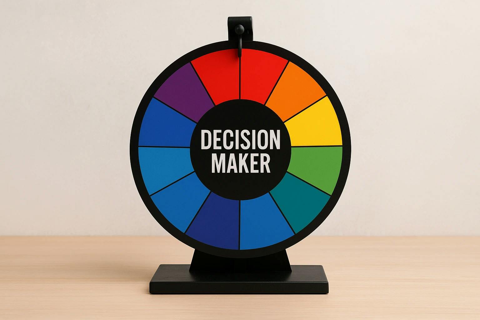 Colorful decision maker wheel on a black wood. A tool that can help you make daily decisions.