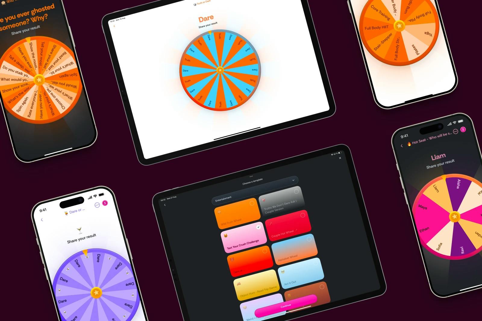 Party Wheel templates ready for you to spin on Spinly app. Download the app on Play Store and App Store and start the party fun game!