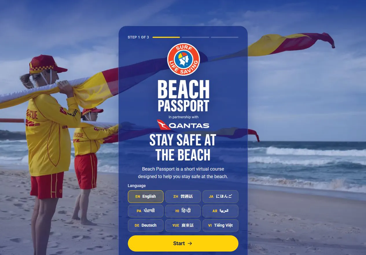 Beach Passport 2.0 landing page with nine language choices.