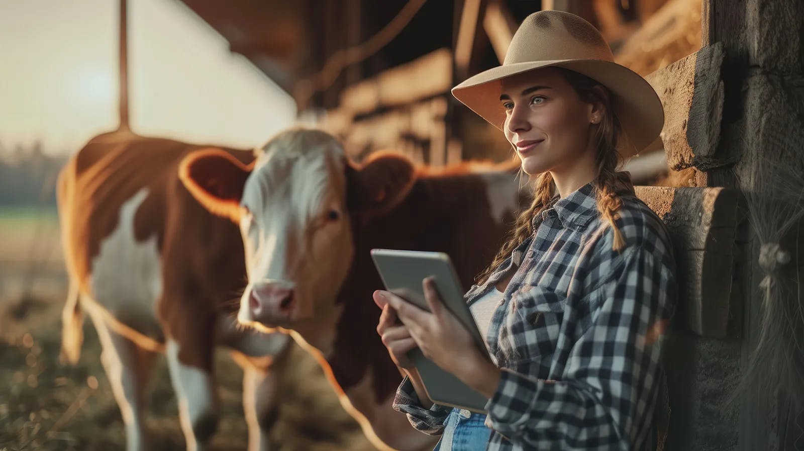 Agriculture and technology concept. Female farmer with tablet standing by cow at cattle farm