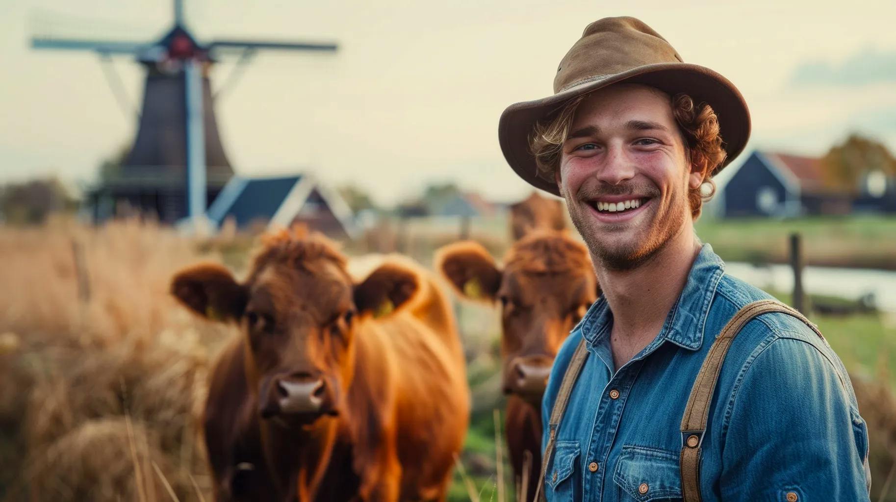 Smiling Farmer with Curly Hair and a Cow in the Countryside