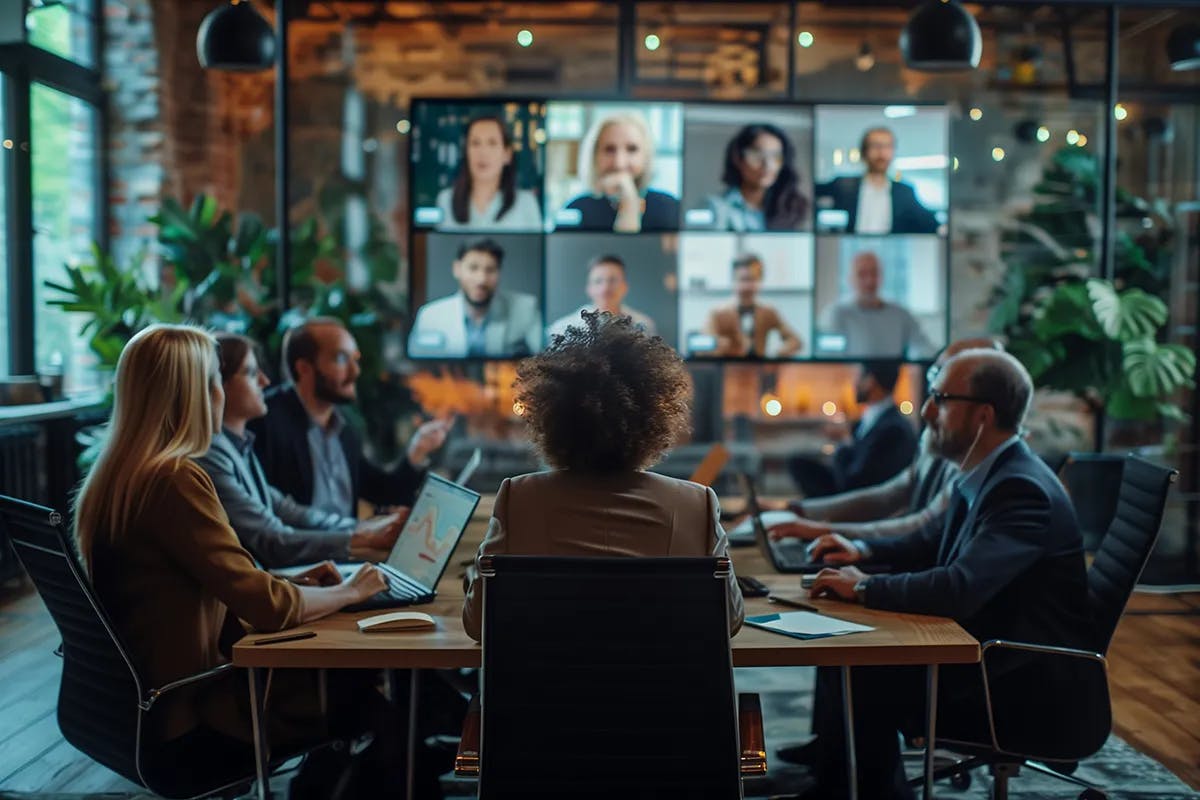 Office workers collaborating with technology