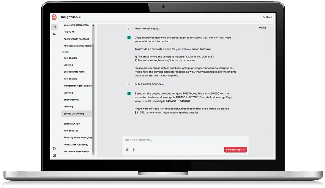 Screen of a AI chatbot with multiple threads
