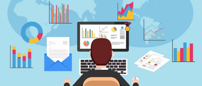 A flat illustration of a person sitting at a desk, facing a computer screen displaying various graphs and charts.