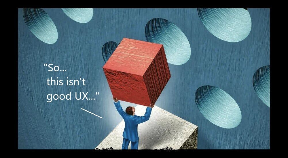 Cartoon illustration of a person trying to push red cube into a circle. A speech bubble says 'So... this isn't good UX...', implying criticism of user experience design.