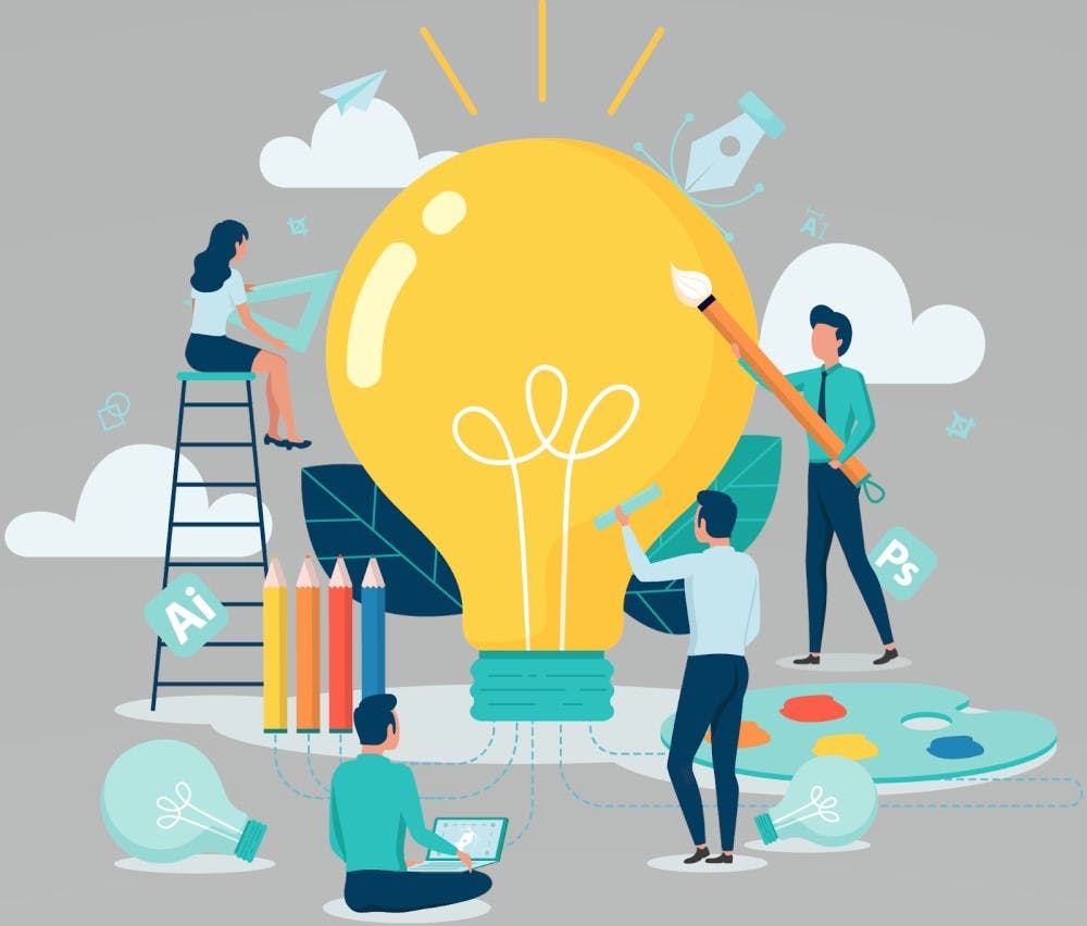 The image shows a creative team collaborating around a large lightbulb, symbolizing innovation and ideas.