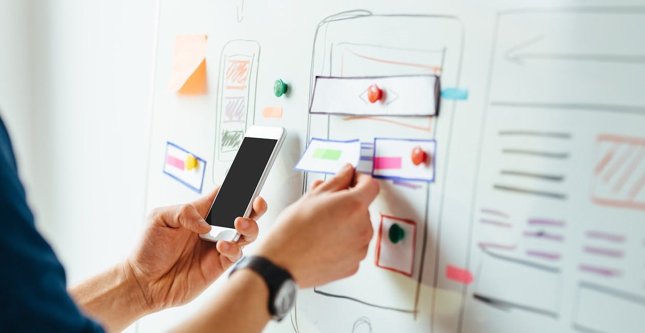 The image shows a person holding a smartphone while working on a whiteboard filled with sketches and diagrams of a mobile app interface.