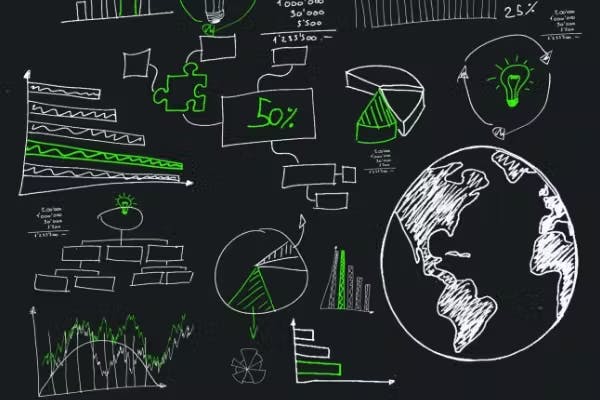 Hand drawing on a black board showing some charts and a globe.