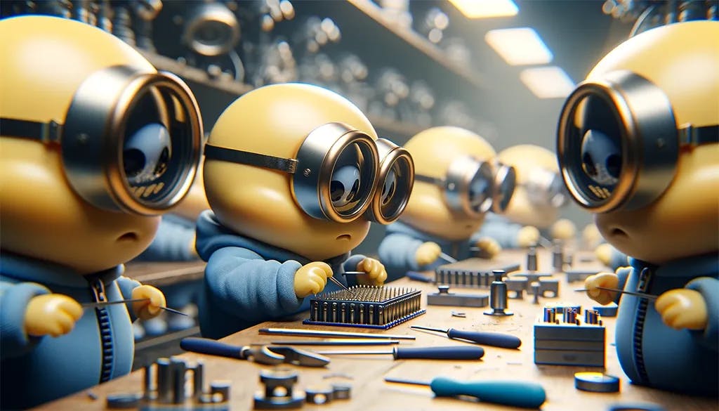 Minions assembling electronic devices.