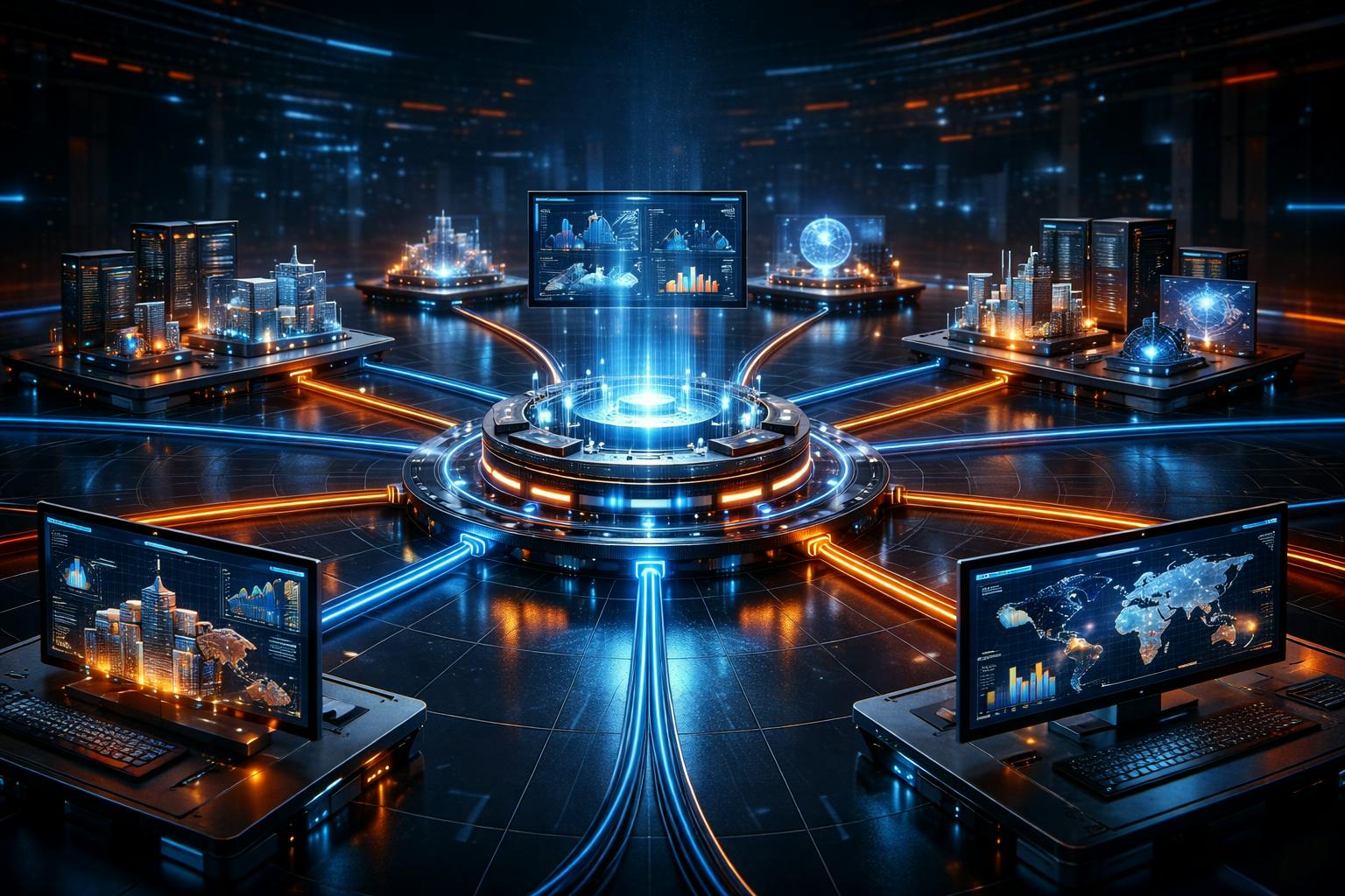 Conceptual illustration of scalable software architecture connecting multiple systems for complex peak organisation environments.