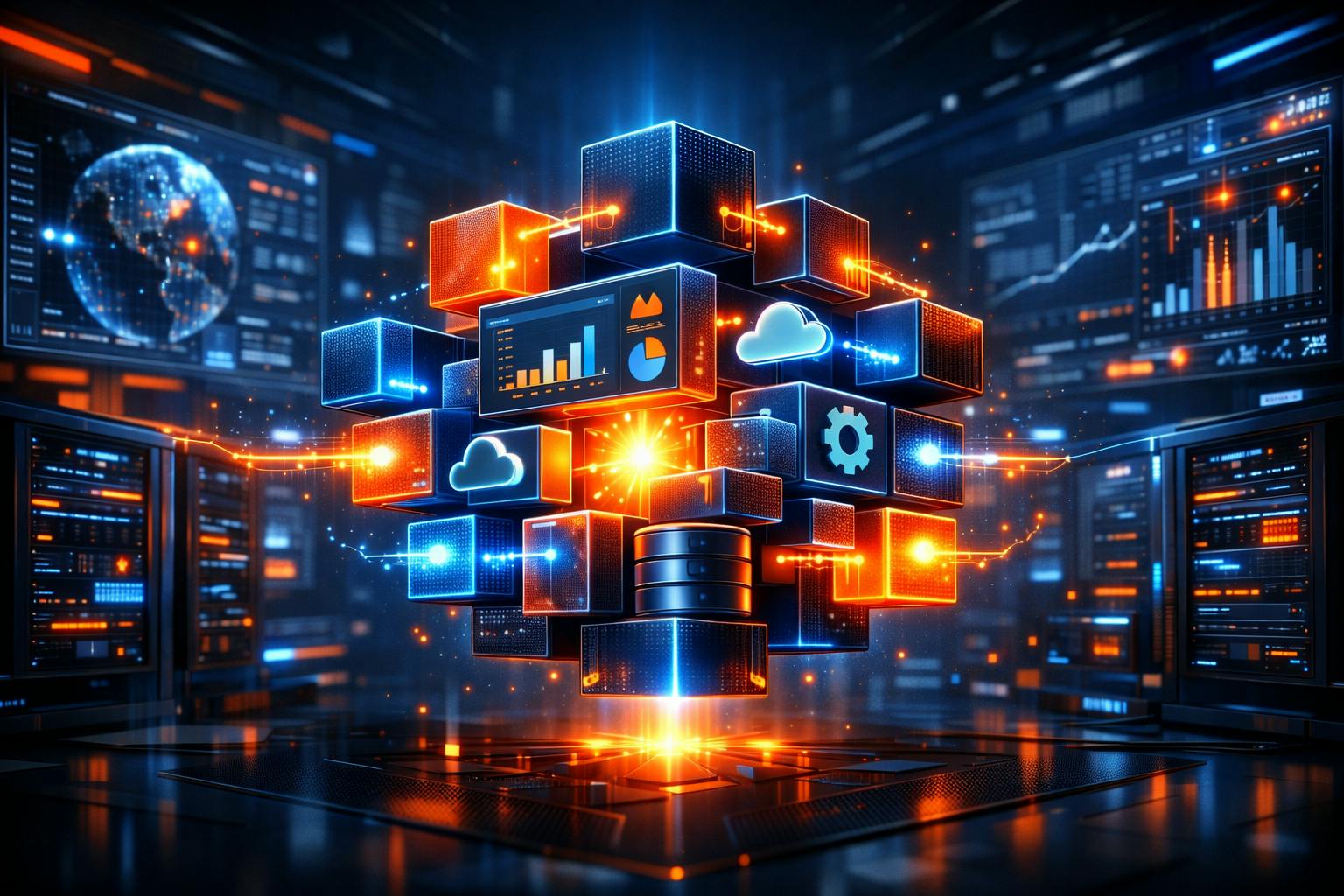Illustration of composable software architecture showing modular platform components, cloud services, and data systems connected within a scalable digital infrastructure.