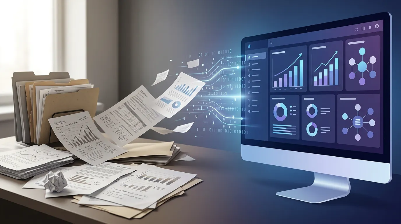 Split-scene illustration showing paper-based workflows and scattered documents transitioning into a digital dashboard on a computer screen, representing the shift from manual processes to data-driven custom software solutions.