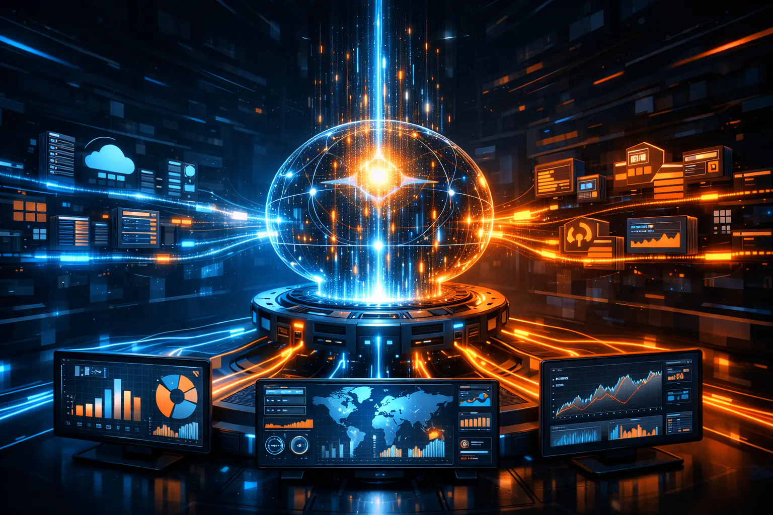 Futuristic data architecture visualization showing a glowing central data core connected to multiple dashboards and analytics screens, with streams of data flowing between systems in a high-tech digital environment.